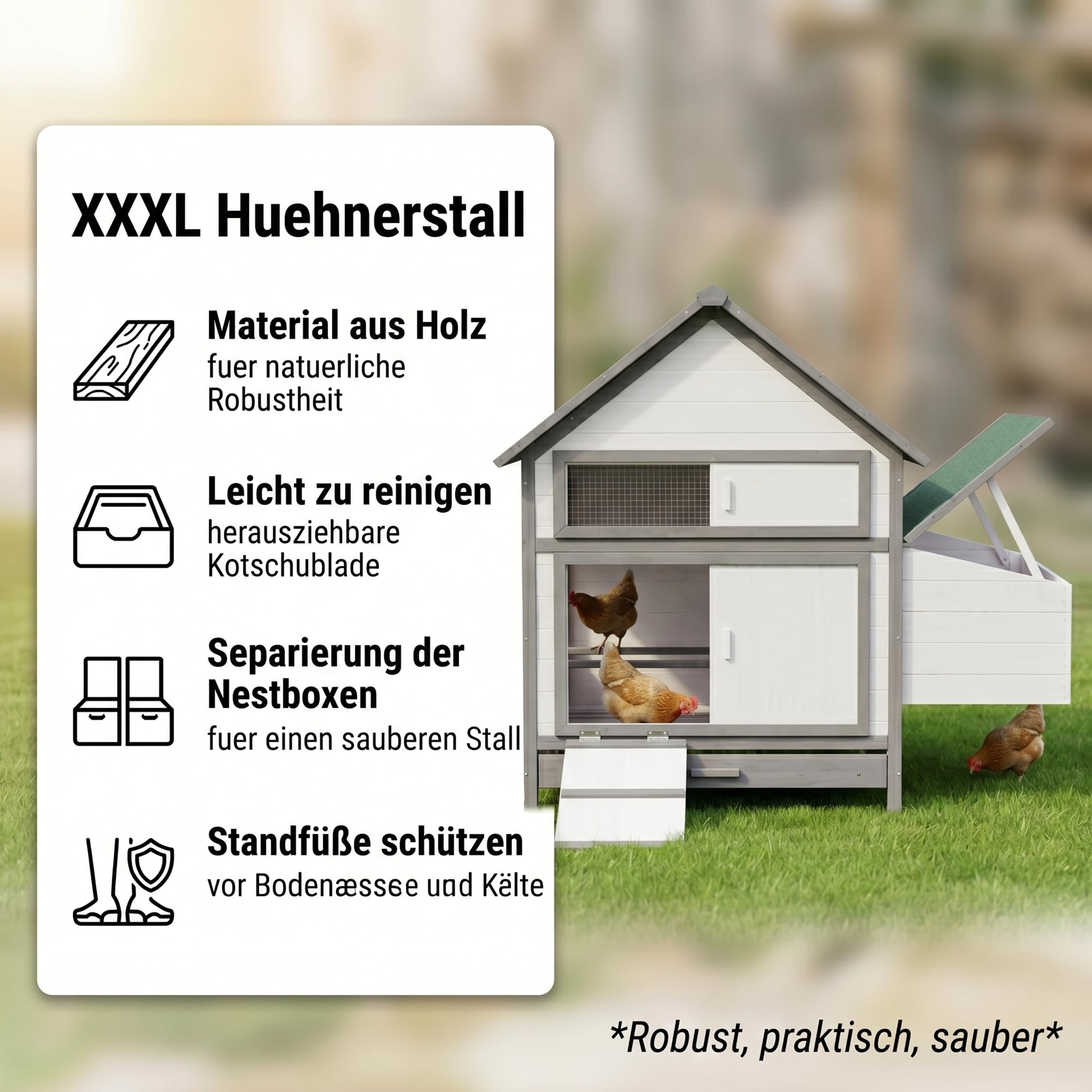 Mucola Hühnerstall Hühnerhaus mit 2 Nestboxen 160x100x115 cm Holz Weiß | Eierentnahme von außen, 4 Nistplätze, 2 Sitzstangen, erhöhte Standfüße gegen Nässe, wetterfestes Dach mit Dachpappe, Eiablage