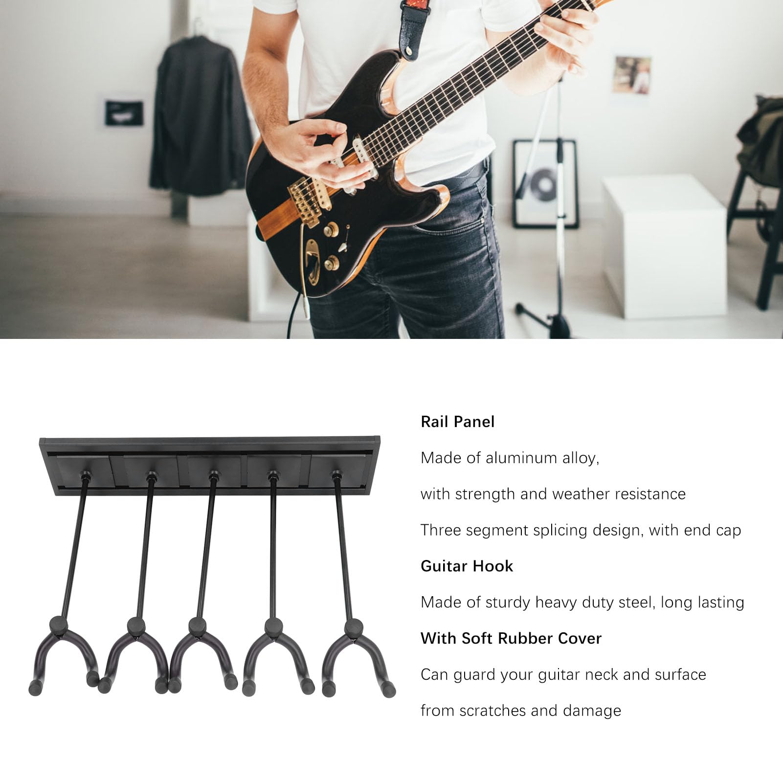 Soporte de pared para colgar guitarra multiinstrumento con panel de aluminio de empalme de 47 pulgadas para dormitorio o espacio de ensayo, montaje seguro con ganchos de (Negra)