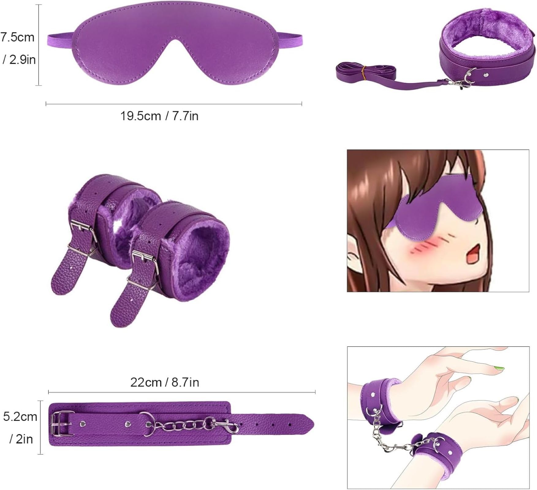 Exclusivo set de 14 piezas para parejas en cuero morado y felpa de lujo, los kits perfectos para San Valentín-ESLSM01 (Set morado-1)
