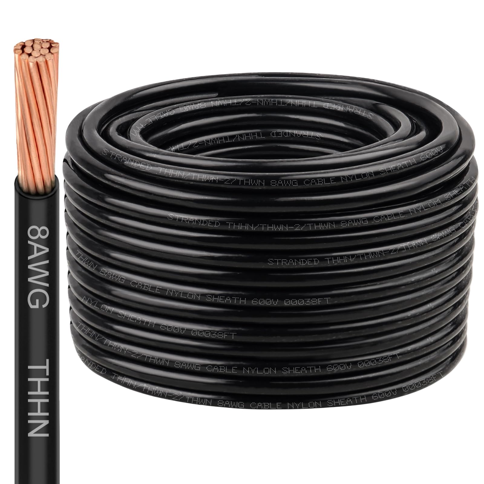 XRDS-RF THHN Wire 200FT, 8AWG Stranded Copper THHN Electrical Wire, Black Nylon-Coated Thermoplastic Insulated Cable for Indoor Conduit Wiring, 600V