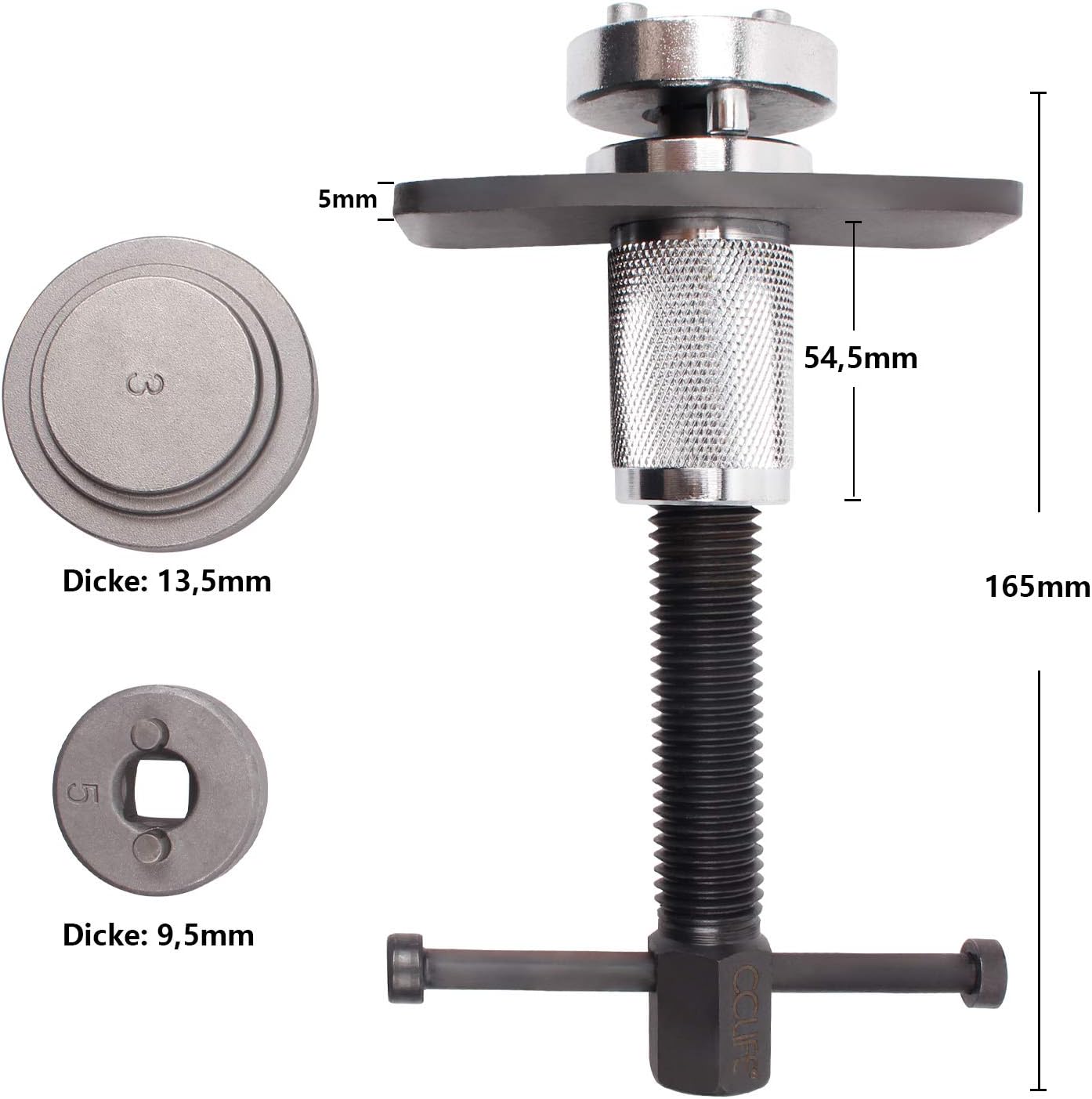 Diagram showing dimensions of the brake piston tool and adapters