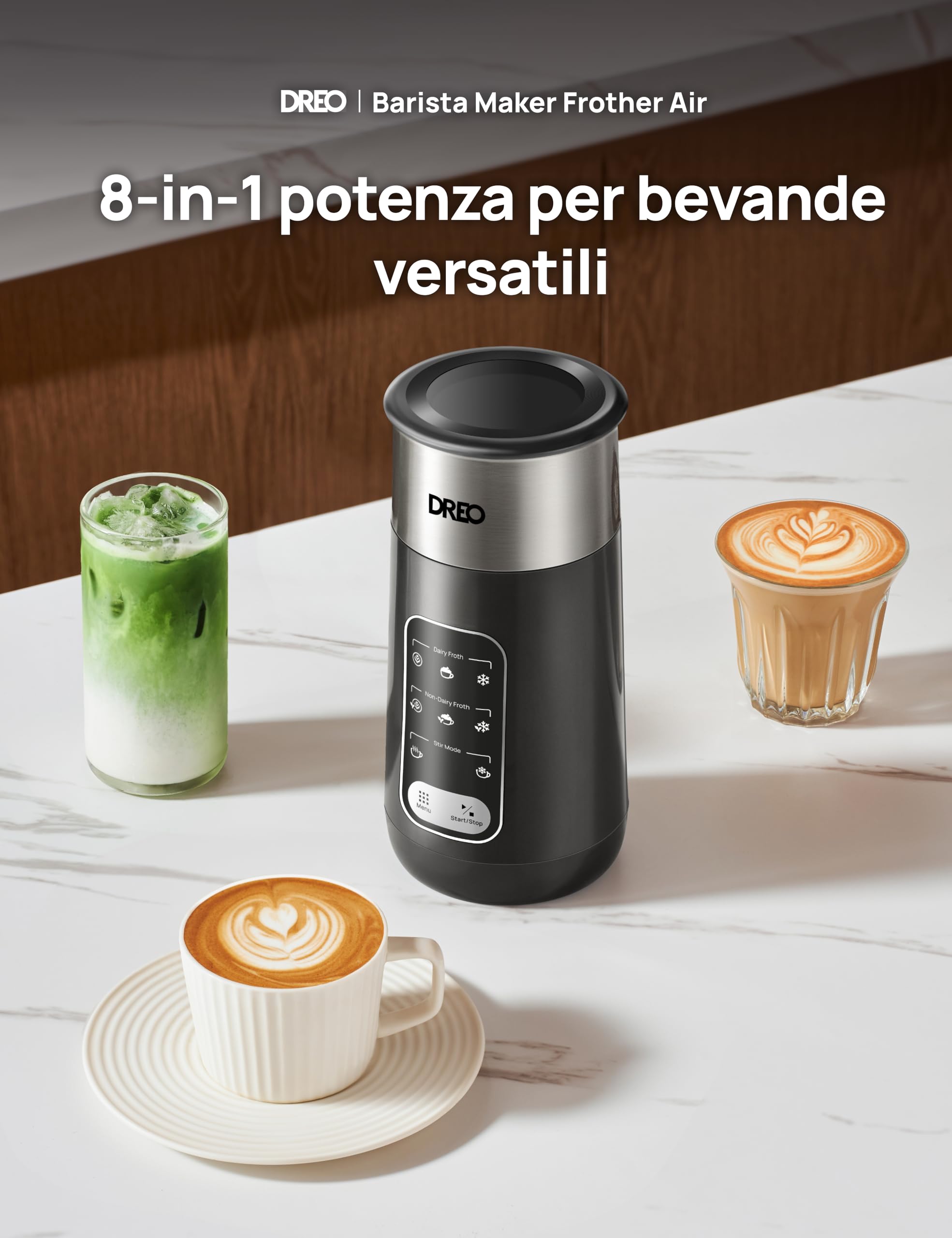 DREO Montalatte Elettrico, 8-in-1 Montalatte per Latte, Cappuccino, Cioccolata Calda, 270ml Milk Frother in Acciaio Inossidabile per Schiuma Calda e Fredda, LED, Facile da Pulire
