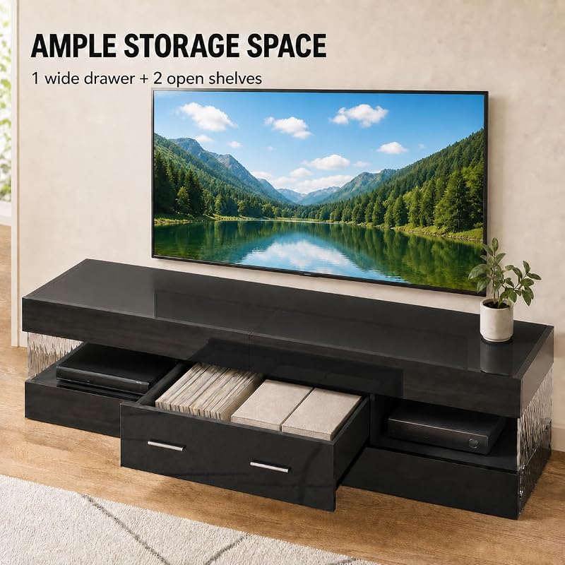 Bestier Black 60 Inch Modern TV Stand, LED Entertainment Center with Drawer image 5
