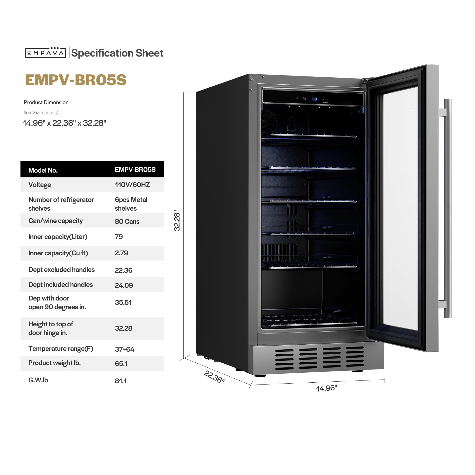 Empava 15 inch Undercounter Beverage Cooler Refrigerator with Glass Door, Freestanding Drink Fridge with LED Light, Touch Control, 80 Cans Capacity on Fridge.com