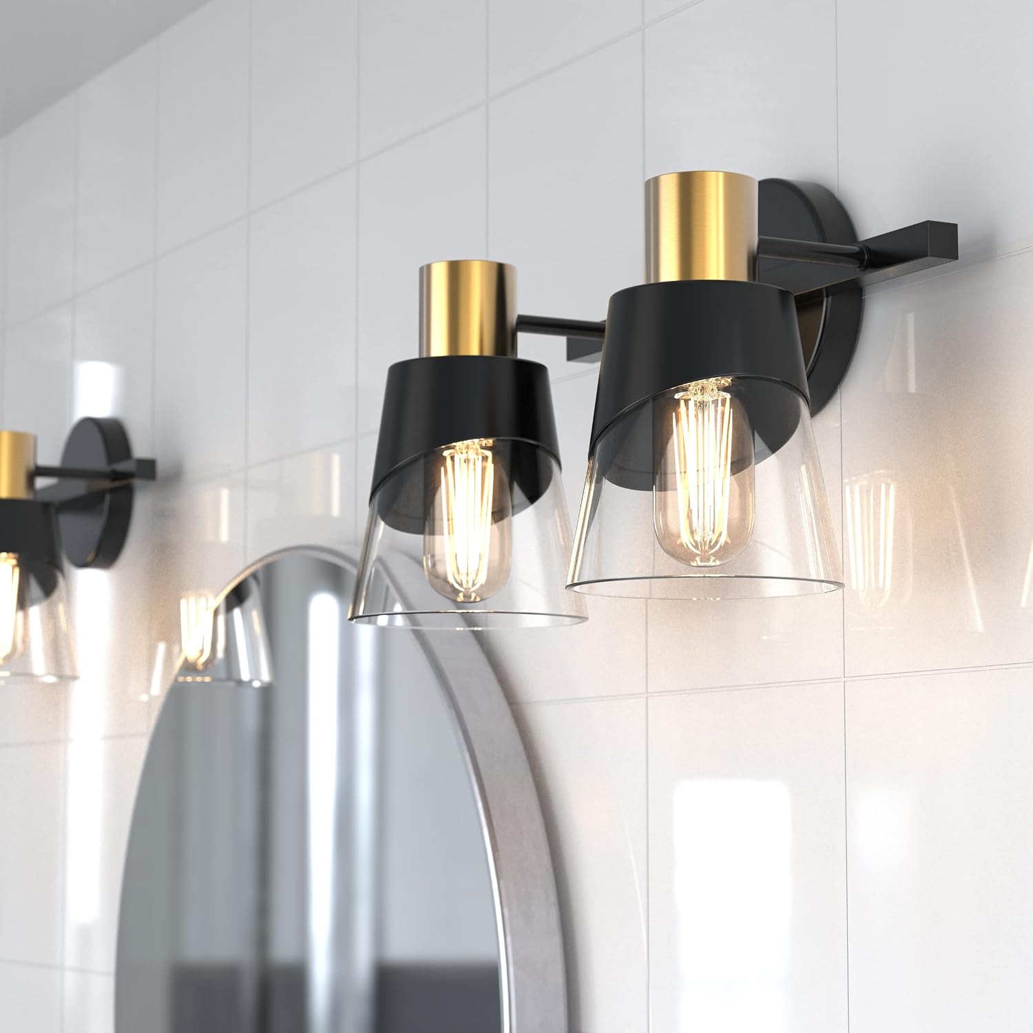 URSOLA Bathroom Lighting Fixtures Over Mirror, 2 Lights Bathroom Vanity Light, 13 inchBathroom Light Fixtures, Black and Gold Design with Bevelled Edge and Clear Glass Shade Wall Lamp