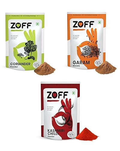 ZOFF Spices Combo Pack de 3 Especias en polvo tradicional indias con chile en polvo de Cachemira, Garam Masala, cilantro en polvo 7.05 onzas cada