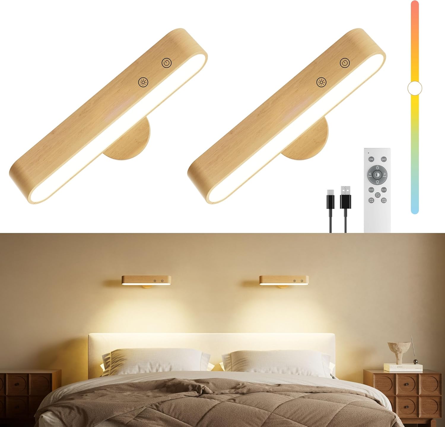 Rechargeable LED Wall Sconces Set of Two,Wall Lights for Bedroom with Remote Control and Touch,360° Magnetic Rotation,3 Colors Dimmable Brightness Wood Wall Lamps with 15 RGB Colors,2 Pack Rechargeable LED Wall Sconces Set of Two,Wall Lights for Bedroom with Remote Control and Touch,360° Magnetic Rotation,3 Colors Dimmable Brightness Wood Wall Lamps with 15 RGB Colors,2 Pack