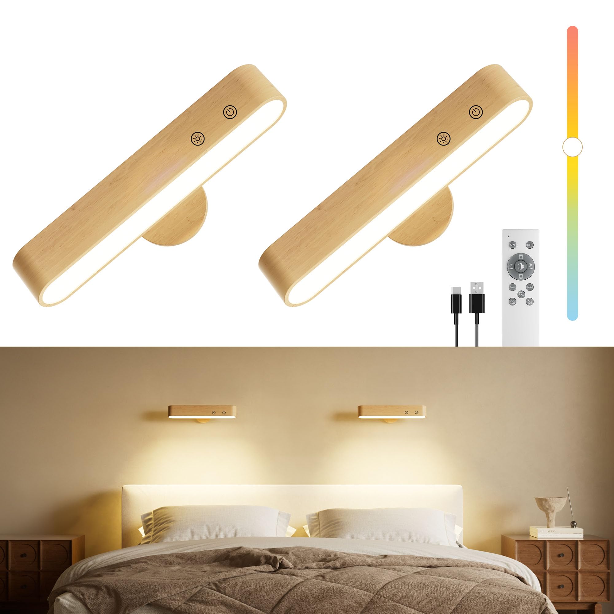 Rechargeable Wood Battery Wall Sconces Set of Two,LED Wall Lights for Bedroom with Remote Control and Touch,360ยฐ Magnetic Rotation,3 Colors Dimmable Brightness Wall Lamps with 15 RGB Colors,2 Pack