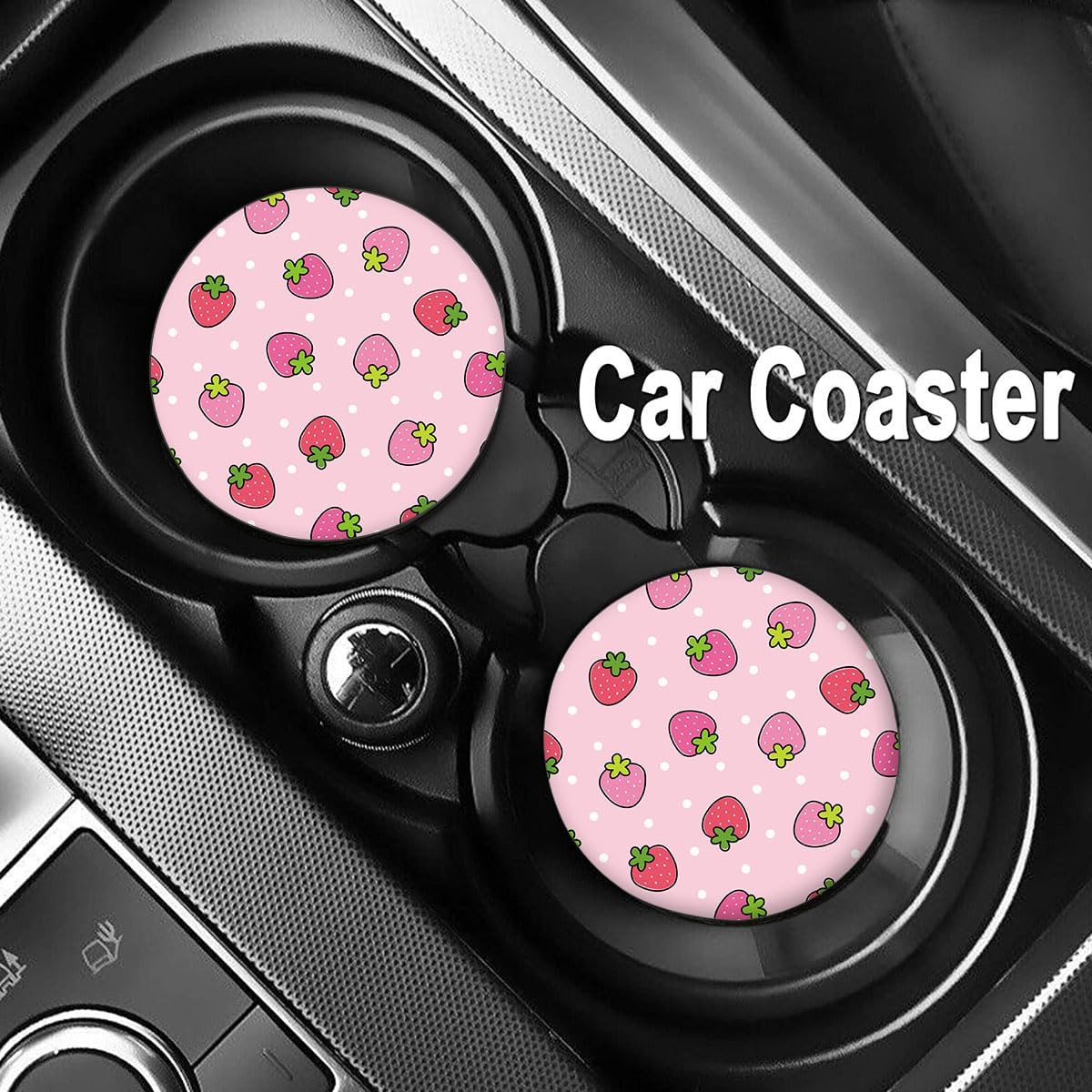 2 Pack Cute Pink Strawberry Car Coasters, 2.75 Inch Round Silicone Anti-Slip Automotive Drink Soft Cup Mat, Universal Fit, Car Interior Accessories for Women Men and Girls image 3