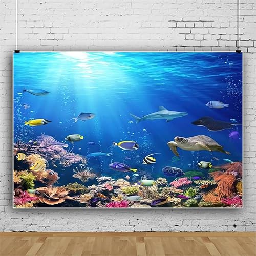 Miniatura 9 de Renaiss Fondo de mundo submarino de 10 x 8 pies, luz del sol, luz del sol, agua de mar azul profundo bajo el mar, fondo de fotografía de acuario