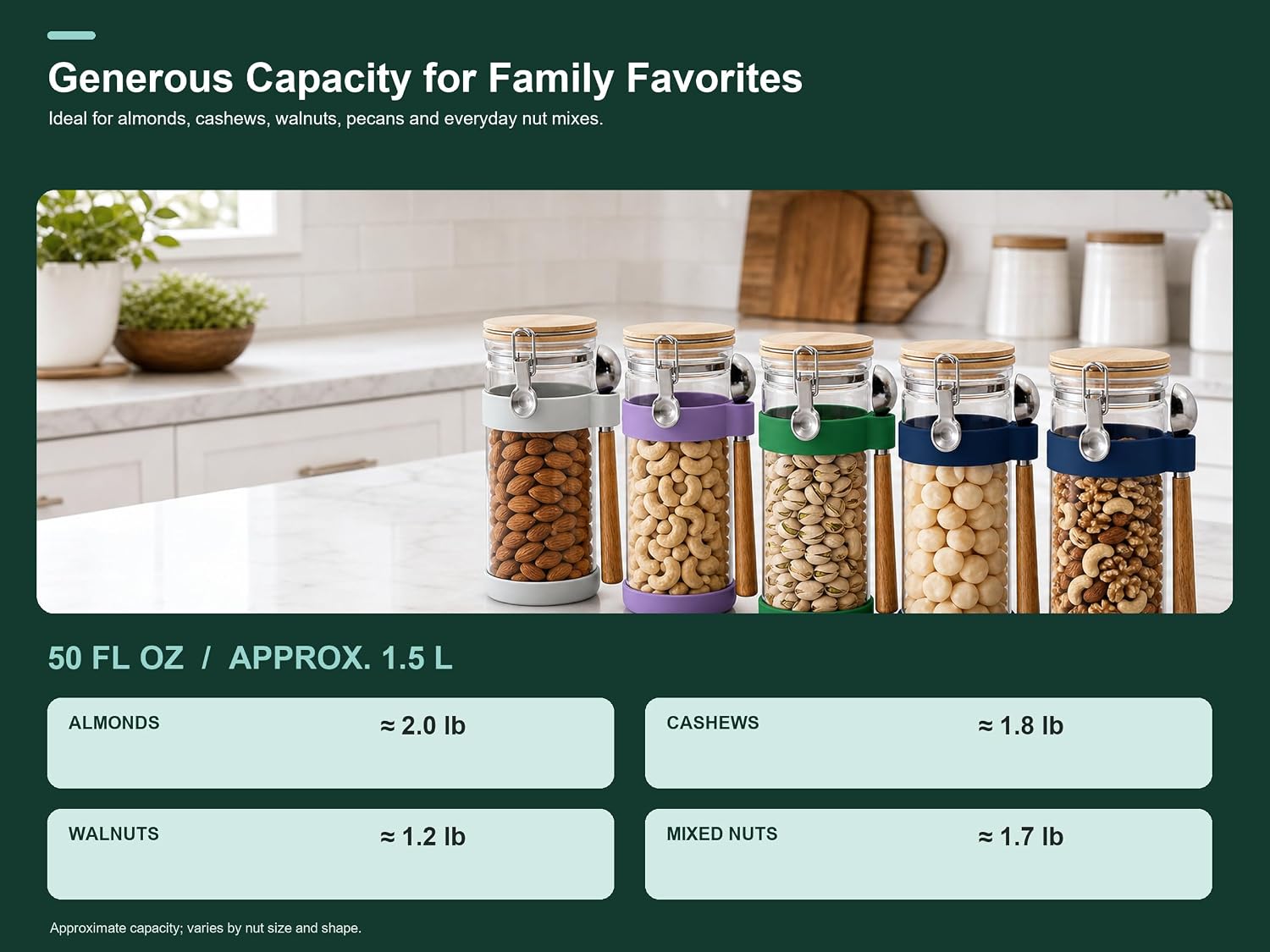 KKC Nut Storage Container Airtight Glass Jar 1500ml 50 oz - Airtight Pantry Storage Canister with Bamboo Lid, Silicone Protective Sleeve & 1 TBSP Long Wooden Handle Spoon for Walnut Almond Pecan