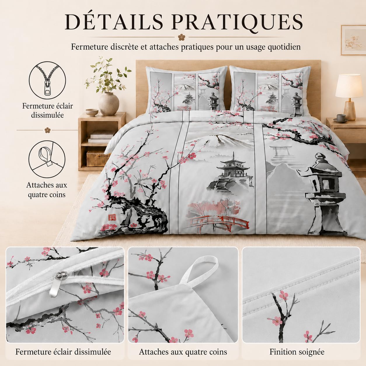 Parure de Lit 240 x 260 Japonais Housse de Couette 2 Personnes Réversible, Housse Couette Imprimée Fleur de Cerisier en Microfibre et 2 Taie d'oreiller 65x65 cm avec Fermeture Éclair