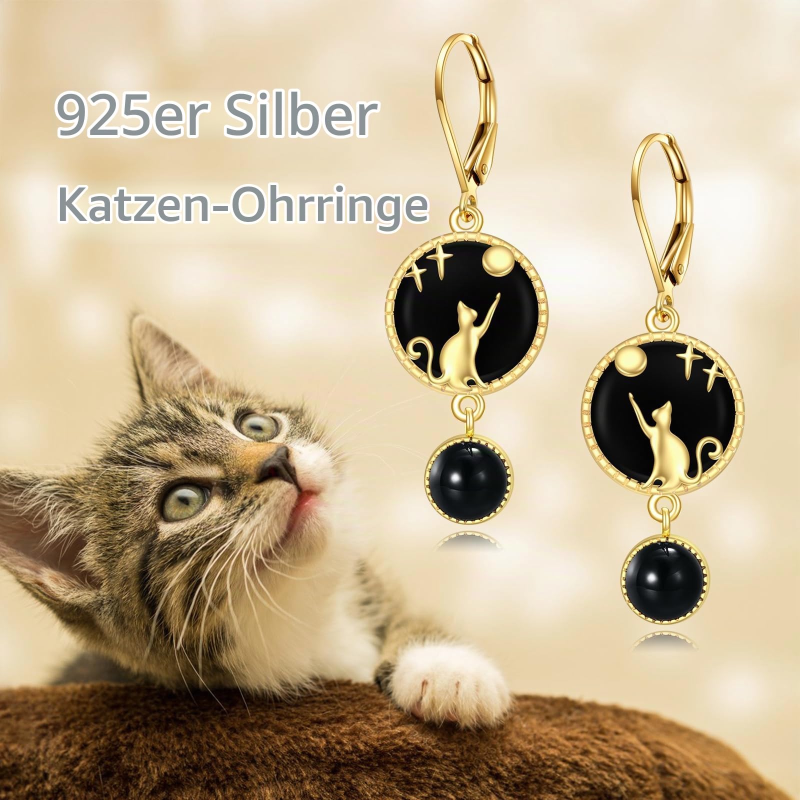 Schwarze Onyx Katze Ohrringe Sterling Silber - 18 Karat Vergoldete Leverback Tropfen Schmuck Geschenke für Damen Mädchen