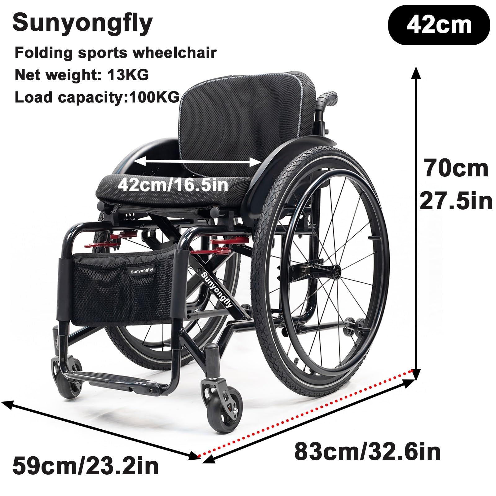 Składany sportowy wózek inwalidzki, lekki, ze stopu aluminium, dla dorosłych, wyposażony w opony barierkowe (szerokość siedziska: 42 cm)
