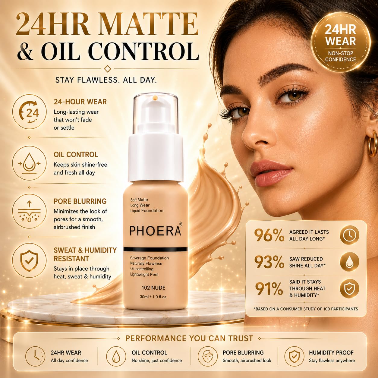 Glamza PHOERA Foundation 102 e 104,Fondotinta a copertura totale, copertura completa, 30 ml, 24 ore di controllo dell'olio opaco (Buff Beige #104) (Nudo #102) + pennello liquido fondotinta