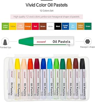 MONAMI Oil Pastels, Jumbo Size Hexagonal Shape Oil Pastels for Kids and Students with Handy Carrying Case, 12 Vivid Colors Pack