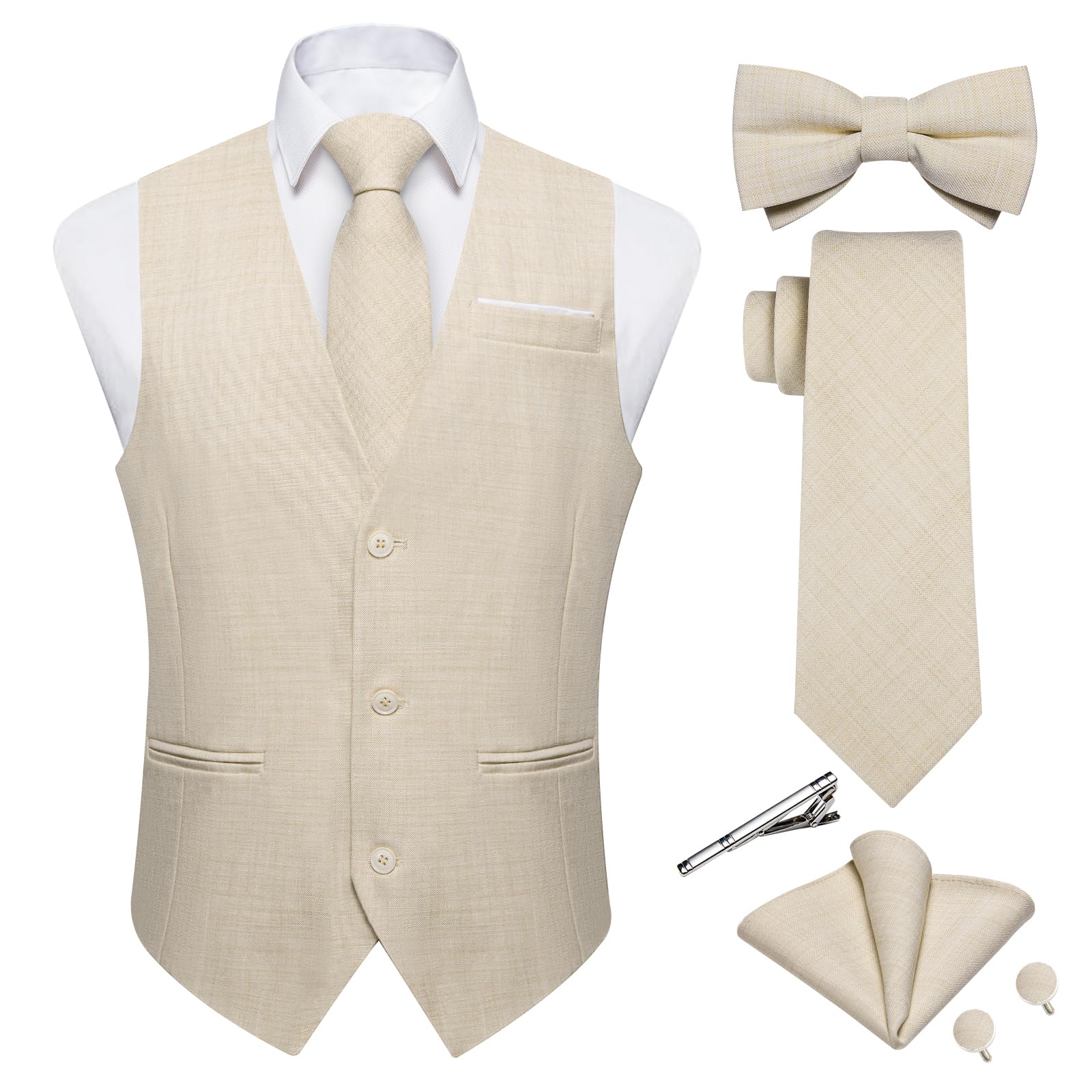 Photo 1 of DiBanGu Mens Linen Suit Vest Casual Waistcoat and Necktie & Pre-tied Bowtie Set 6PCS Solid Color Dress Vest for Wedding Party, Beige, XX-Large