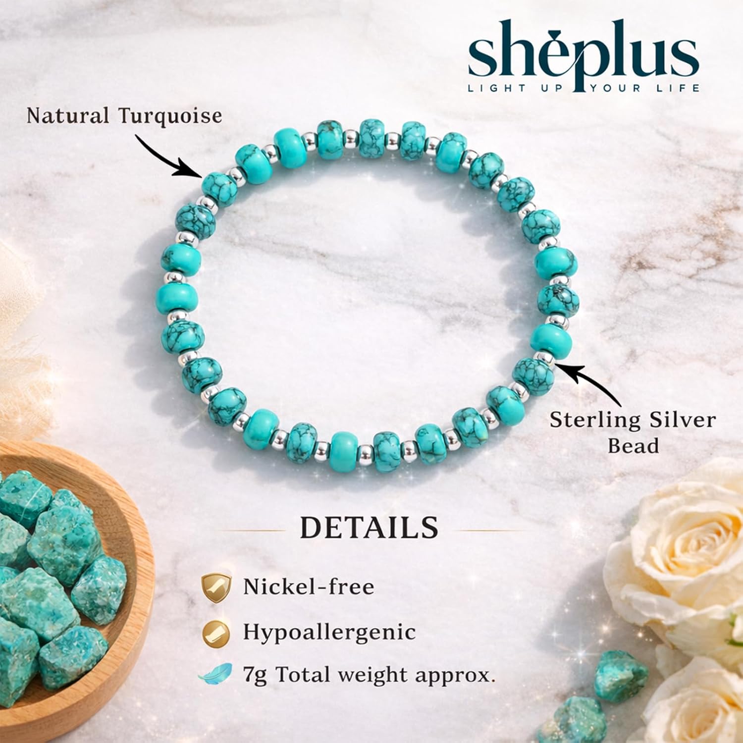 Sheplus Valentines Day Gift - 925 Sterling Silver Genuine Turquoise Bead Bracelet Charm Real Western Jewelry for Women Her - Image 5