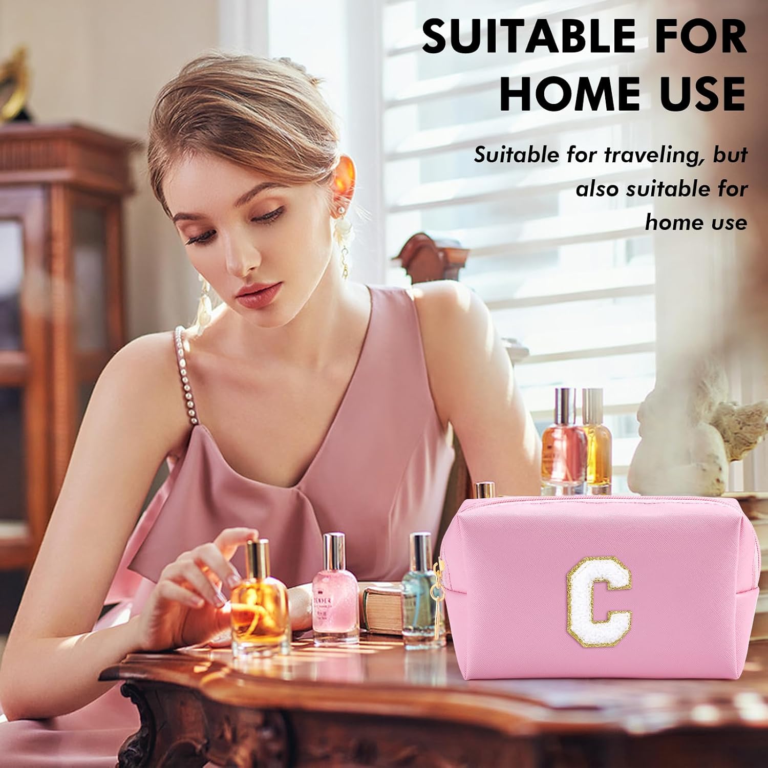 URSKYTOUS Initial Makeup Bag Personalized Cosmetic Bag with Zipper Cute Travel Toiletry Bag PU Waterproof Makeup Pouch Monogrammed Birthday Gift for Women Preppy Stuff for Teen Girls (Pink C)