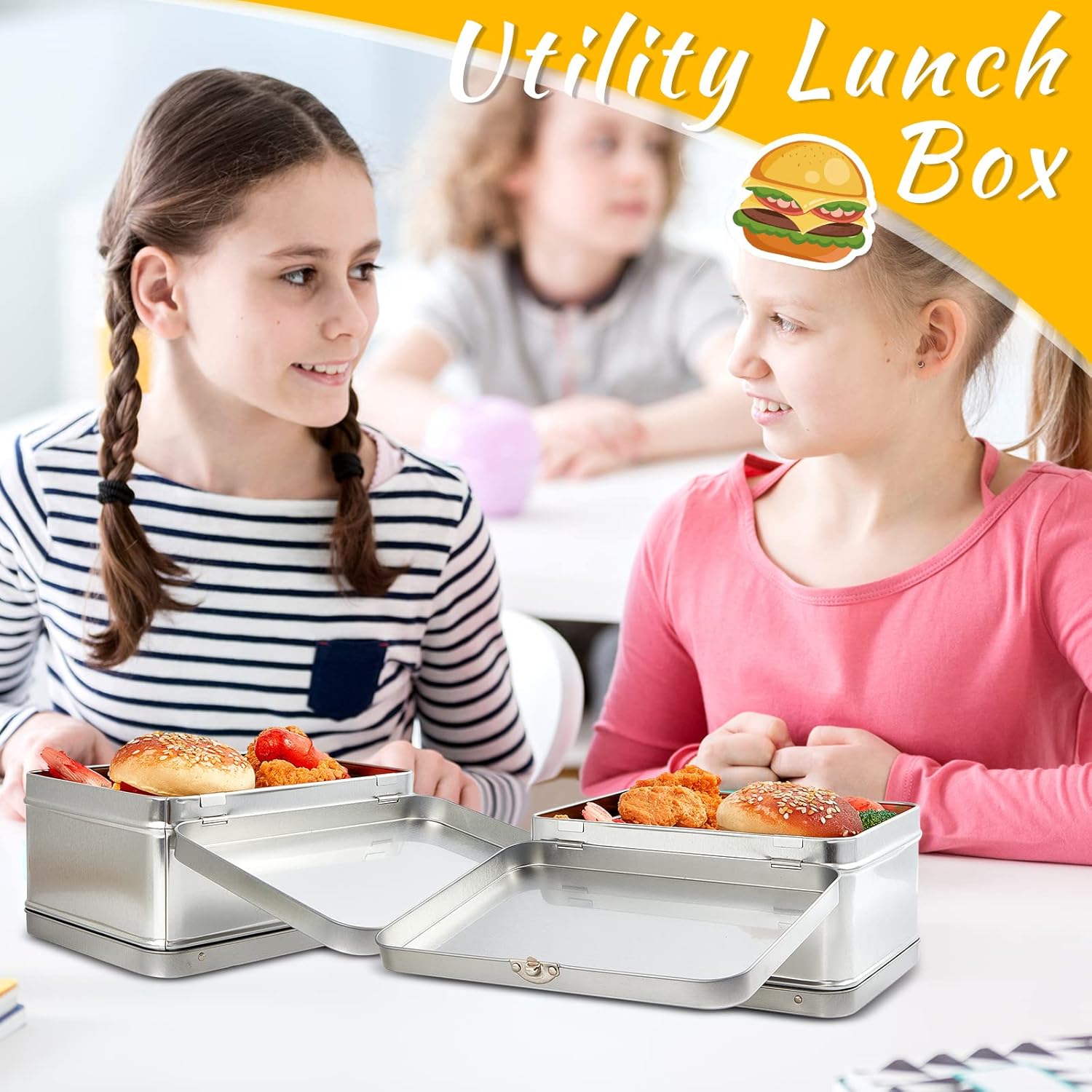 Rtteri 6 Pack DIY Lunch Box Tin Retro Set 8 x 6 x 4 Inches with Hinged Lids DIY Large Box for Storage Blank Design Vintage Metal Lunchbox for Kids Sandwich Containers (Silver)