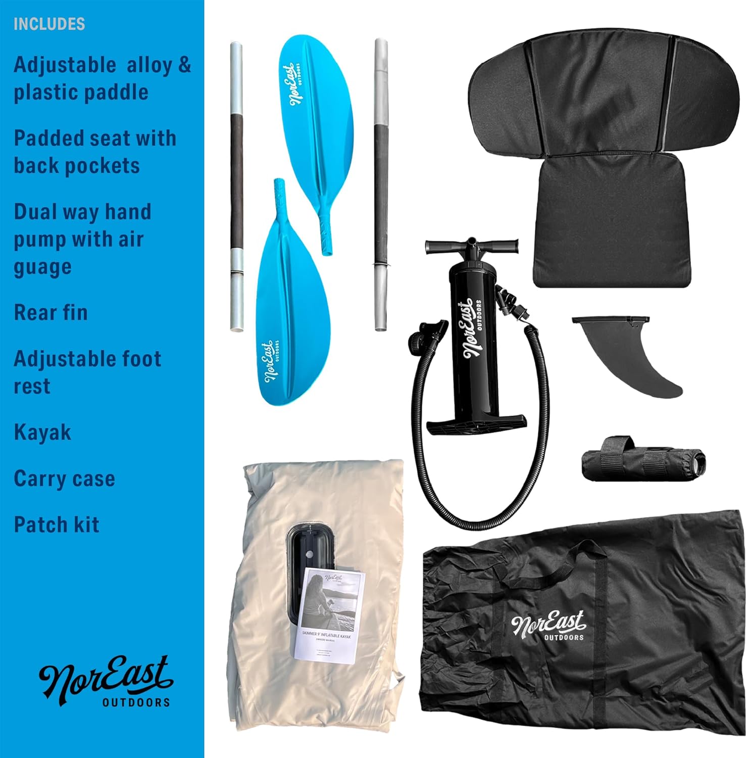 Inflatable Kayak Package 9' (Explorer) - Adjustable Inflatable Seat with Backrest, Adjustable Paddle, Carry Case, Pump & Patch Kit