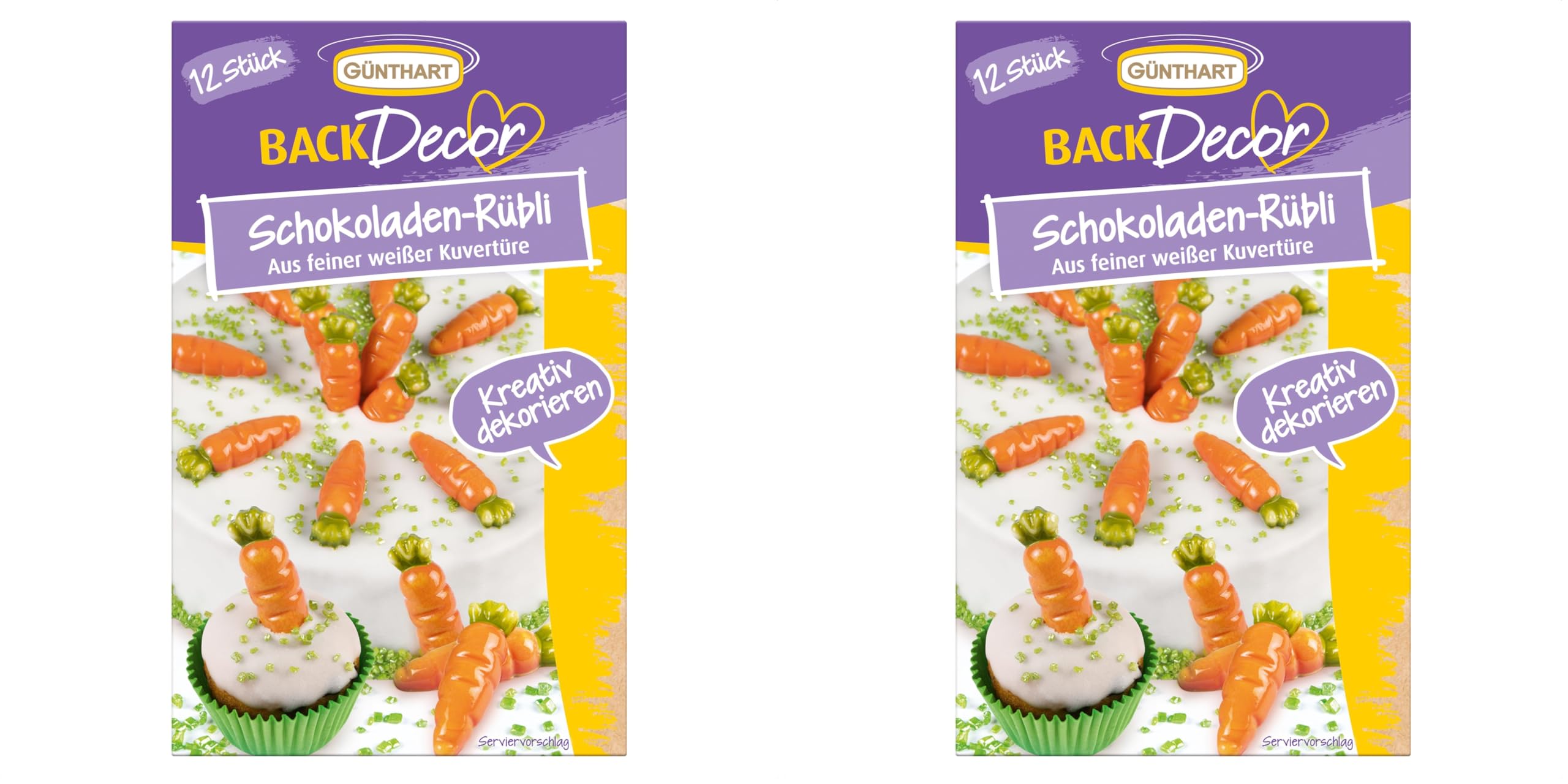 Günthart BackDecor 12 Schokoladen-Rübli aus weißer Kuvertüre für einen Rübli-Kuchen zum Dekorieren und Verzieren von Süßspeisen passend zu Ostern, 2er Pack (15 gr)