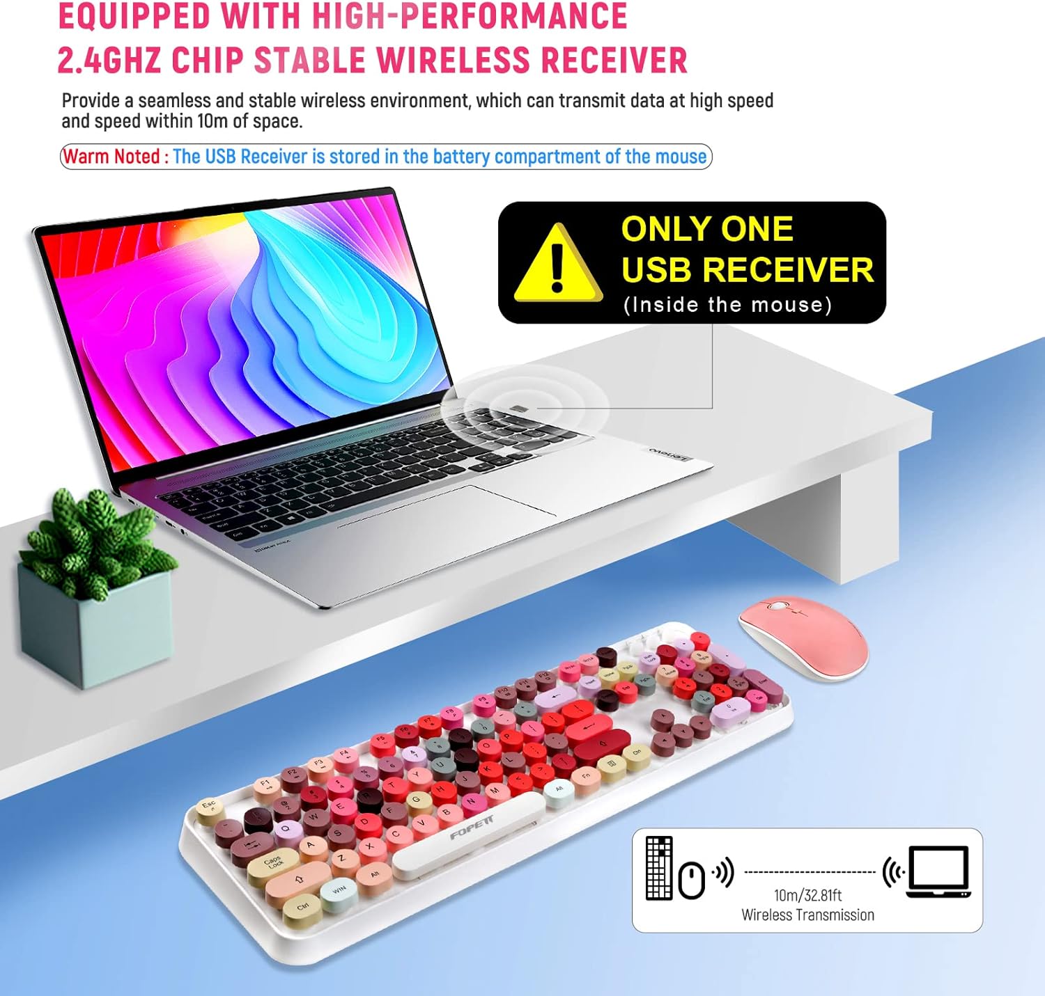 FOPETT Wireless Keyboard and Mouse Sets,Reliable 2.4 GHz Connectivity for PC,Laptop,Smart TV and More (White Colorful) - Image 3