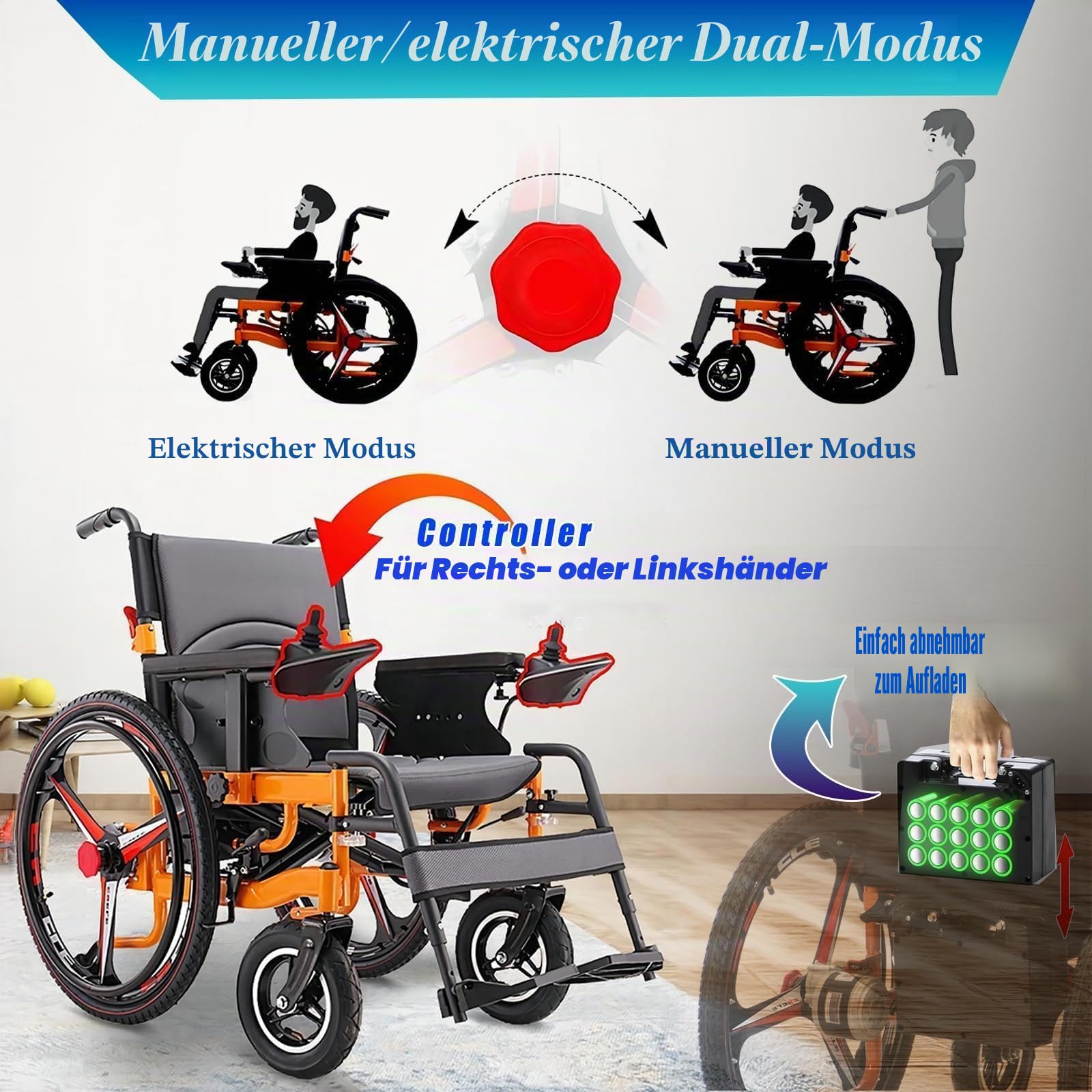 Rollstuhl Elektrisch Faltbar, 20a Lithium-Batterie/35km Elektrorollstuhl, Elektrischer Rollstuhl Bis 150kg, 500 W Doppelmotoren, Rollator Elektrisch FüR All GeläNde, Elektro Rollstuhl FüR Senioren
