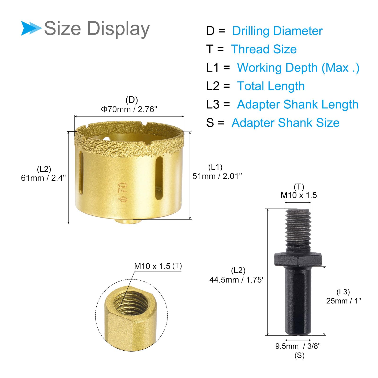 CoCud Diamond Drill Bits Set, 70mm Cutting Diameter, Brazed Diamond Core Drill Bits with M10 Arbor Adapter - Image 2
