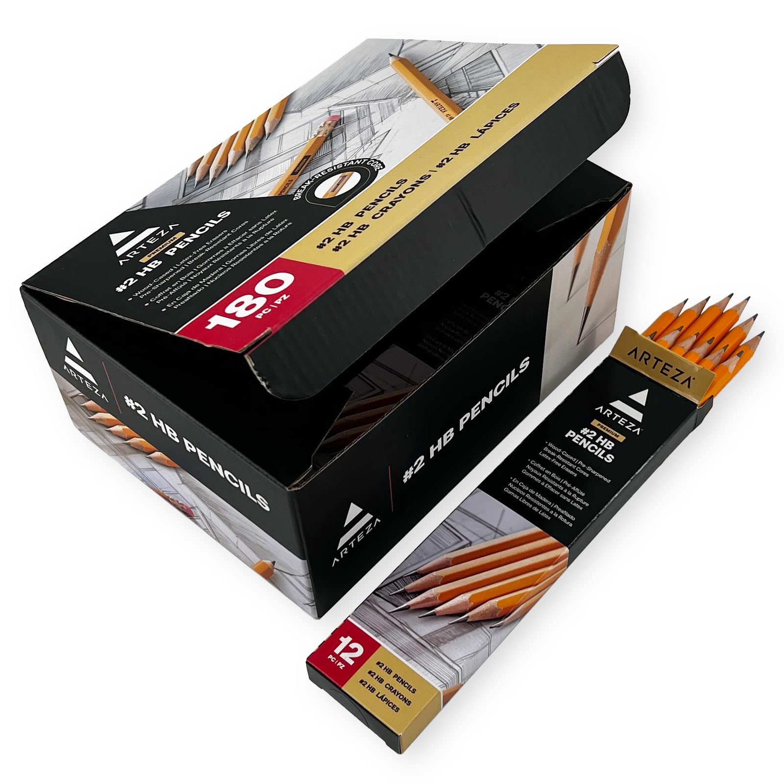 Arteza Lápices HB2, caja de 180 lapiceros de madera afilados de fábrica con goma de borrar sin látex, pack de lápices negros de grafito para suministros de oficina y material escolar