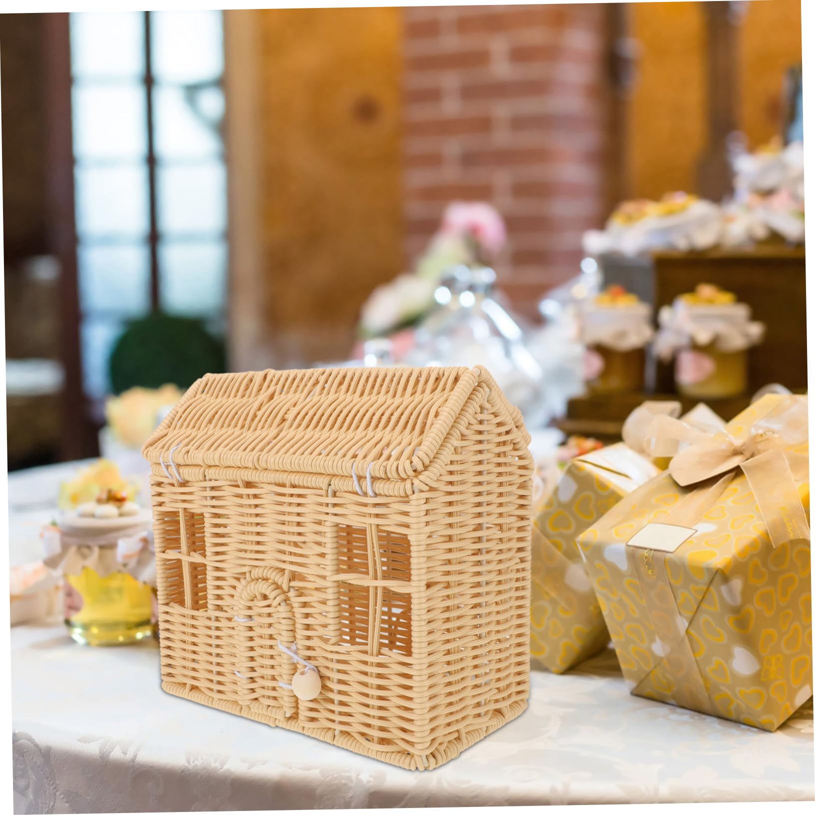 Garneck Cesta Tejida con Asa De Ratán Sintético para Dulces y Aperitivos con Forma De Casa De Muñecas para Recuerdos De Shower y Bodas Cesta Decorativa Navideña
