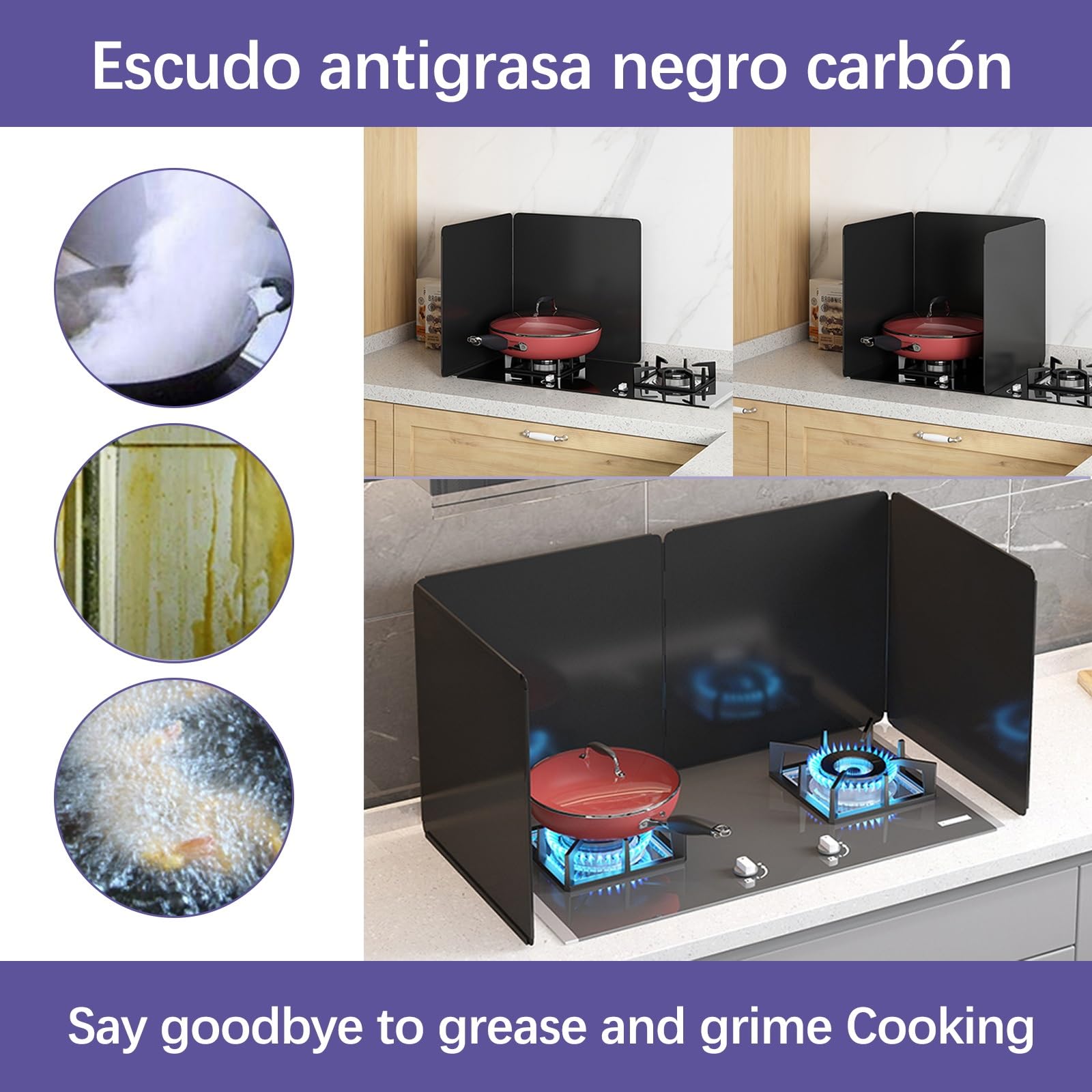 Pantalla plegable de acero inoxidable contra salpicaduras de grasa para estufa, antiadherente, de 3 lados, protector de salpicaduras de calor, protección contra salpicaduras, protección contra