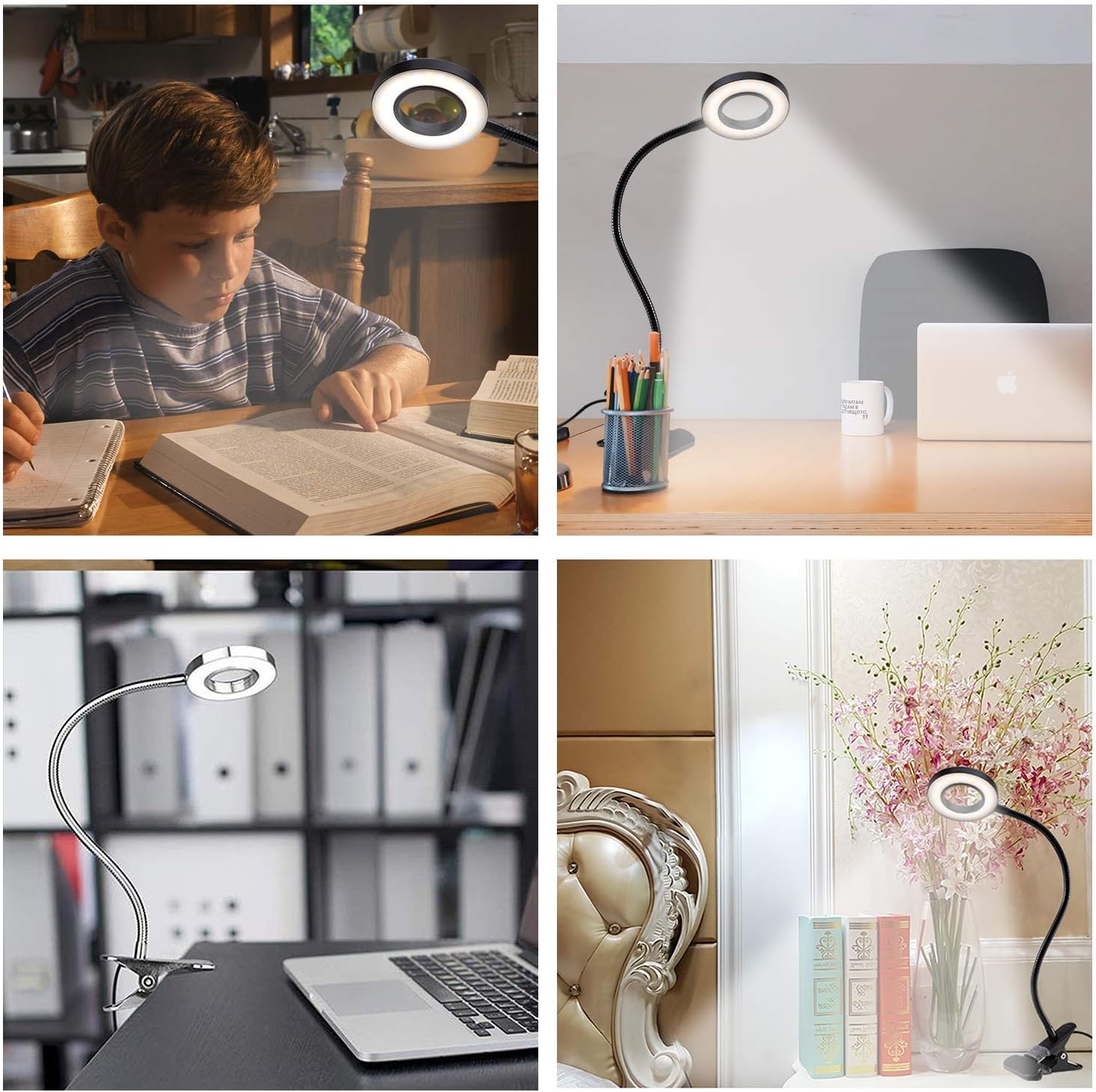 QQAPPU Clip Light Reading Lights 48 LED Clamp-on Desk Lamp with 3 Color Modes and 10 Brightness Dimmable, 360 ° Flexible Gooseneck Book Clamp Light for Video Conference Lighting Headboard - - 