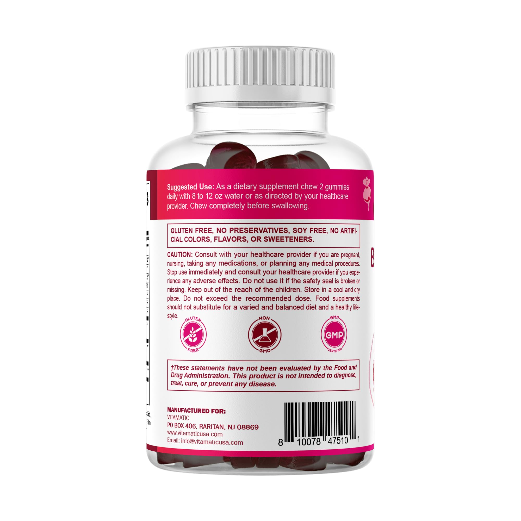 Vitamatic Beet Root Gummies with B6, B12, Grape Seed, Pomegranate & Nicotinamide – Plant-Based Extract – Vegan, Non-GMO – Botanical Supplement Gummies – 60 Count — Amazon image 8