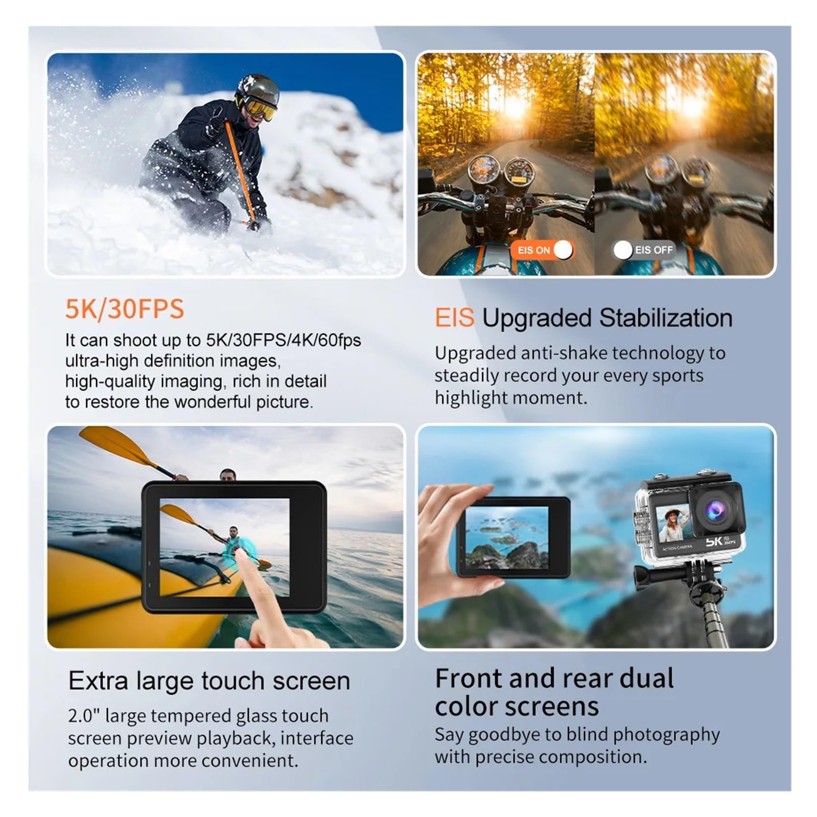Action Camera 5K 4K 60FPS WiFi Anti Shake Doppio Schermo 170 ° Grandangolo 30 M Fotocamera Sportiva Impermeabile Con Telecomando Alta Risoluzione(64G)