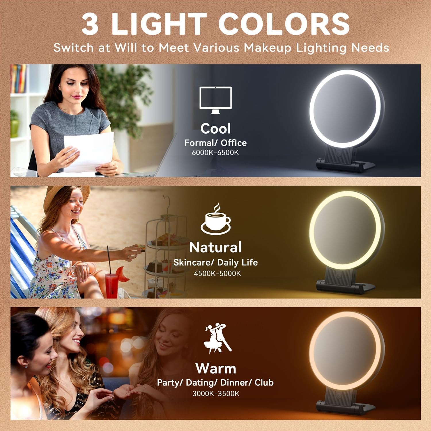 1X/30X Magnifying Mirror with Light, Double Sided Makeup Mirror with Adjustable 3 Color Light, 2000mAh Rechargeable Lighted Magnifying Mirrors with Tweezer, Foldable Travel Mirror with Rotation