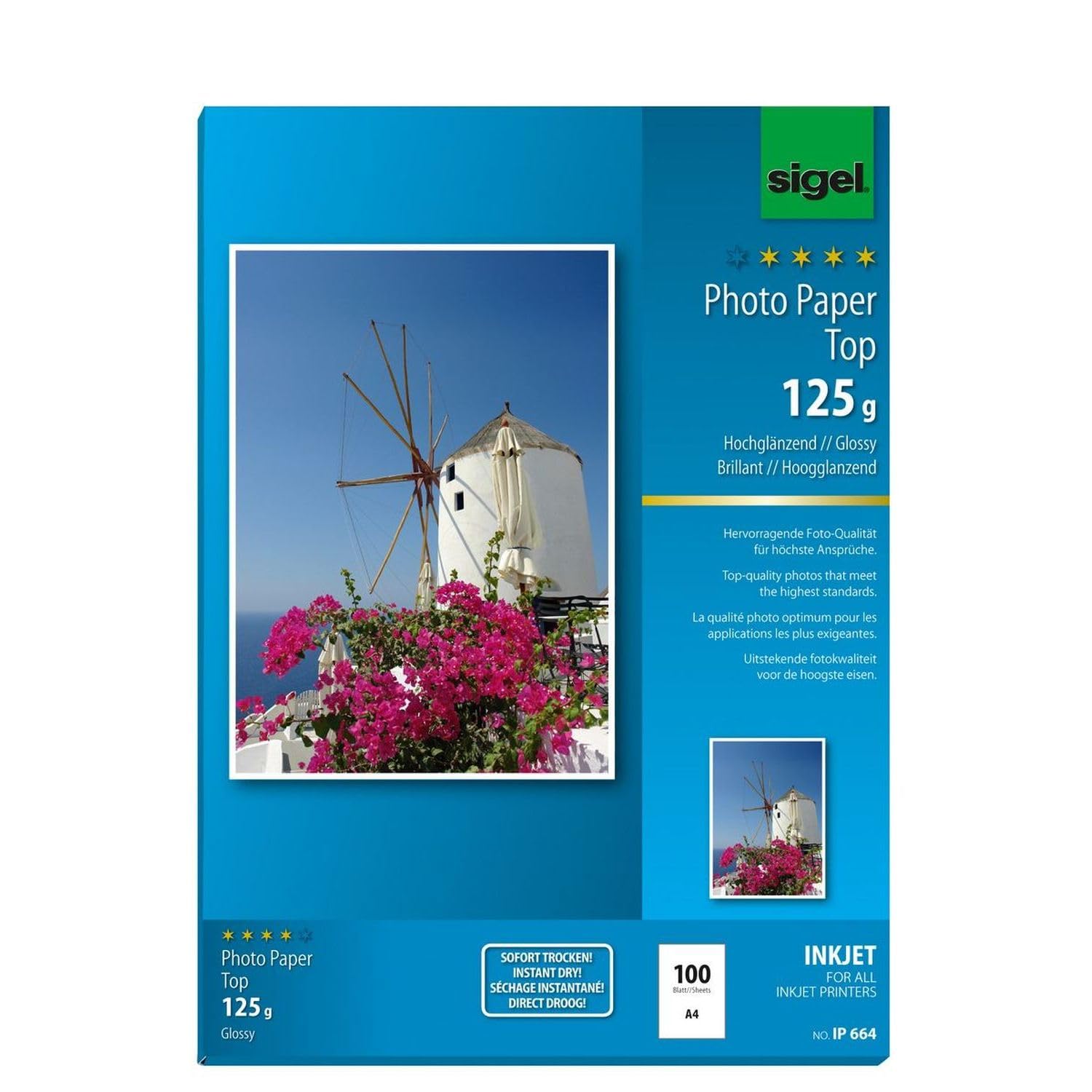 sigel Inkjet - Papel Fotográfico para Impresora, DIN A4, Brillante, 125 g/m², 100 Hojas