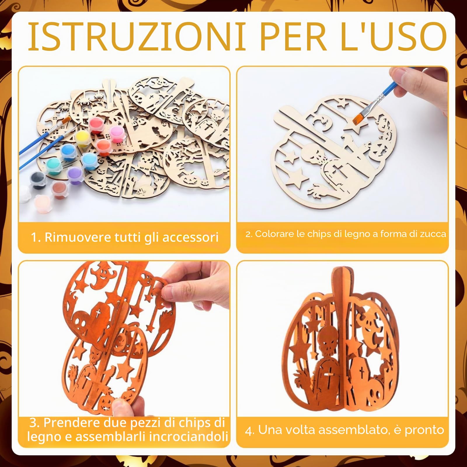 Set Creativo Di Zucche In Legno 3D Per Halloween, 20 Pezzi Con Colori E Pennelli, Decorazioni Fai-da-te Per Bambini - Foto 4
