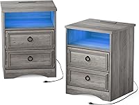 Vista 1 de LGHM Set of 2 Nightstand with Charger Station Strip Lights, Large Night Stand with 2 Drawers,17.7" W Accent Bed Side Table and End Table with Large