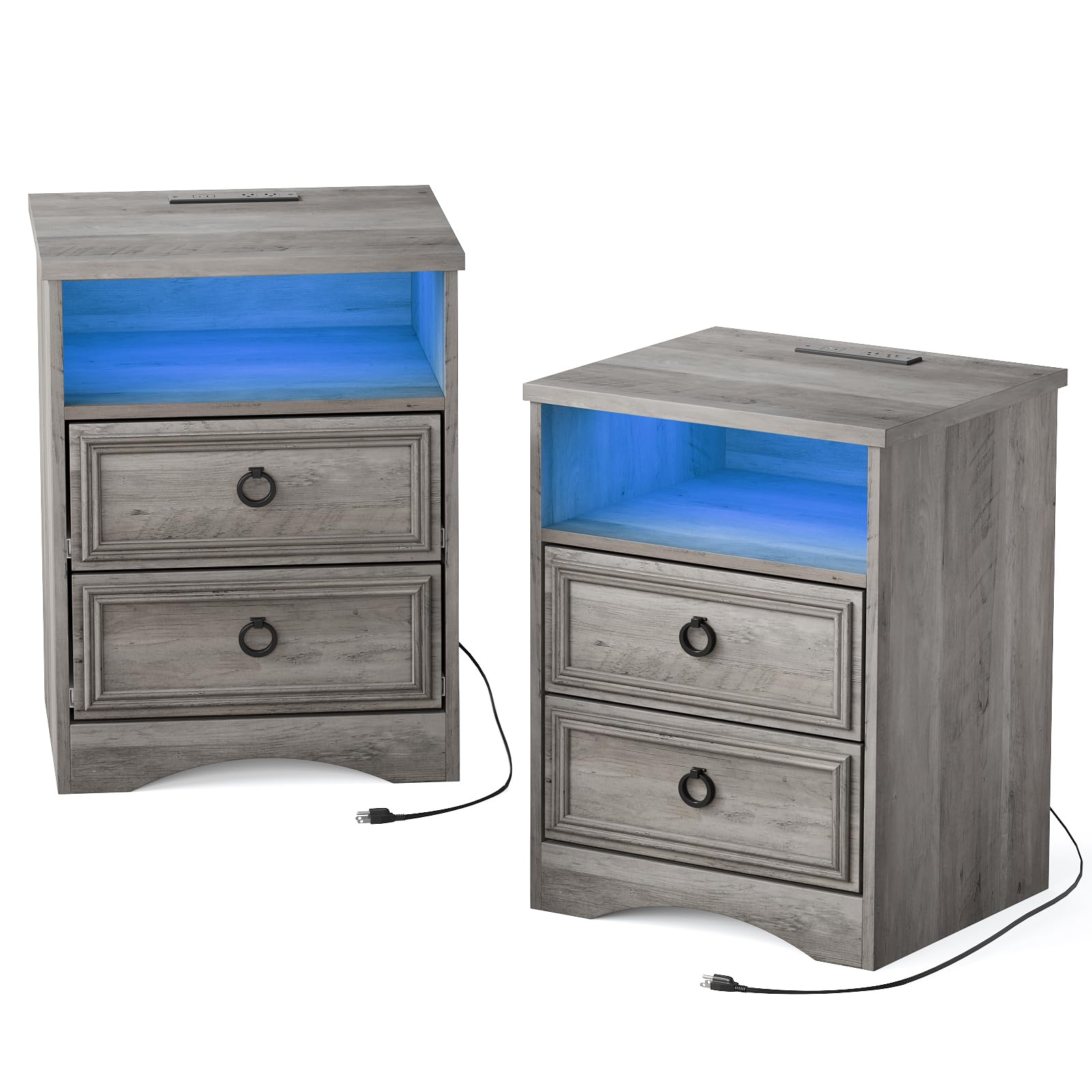 LGHM Set of 2 Nightstand with Charger Station Strip Lights, Large Night Stand with 2 Drawers,17.7" W Accent Bed Side Table and End Table with Large Open Compartment for Bedroom, Living Room,Gray