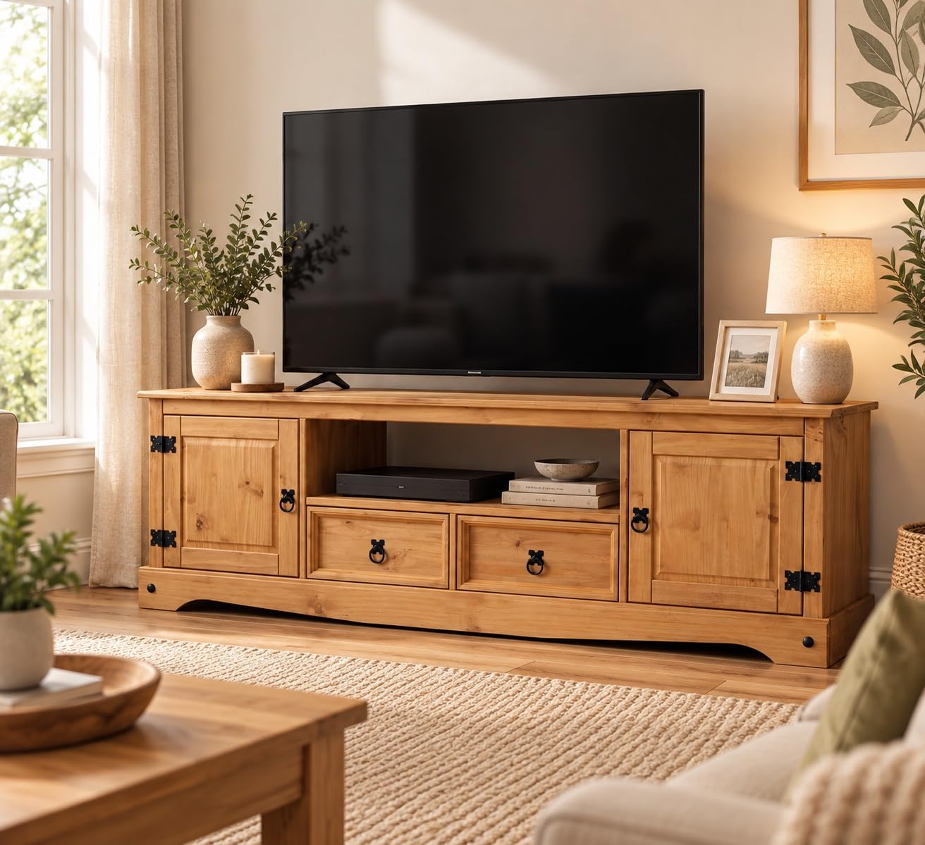 Corona TV Unit Large Widescreen Stand – Solid Pine Wood 2 Door 2 Drawer TV Stand, Mexican Style Wooden Media Entertainment Cabinet for Living Room