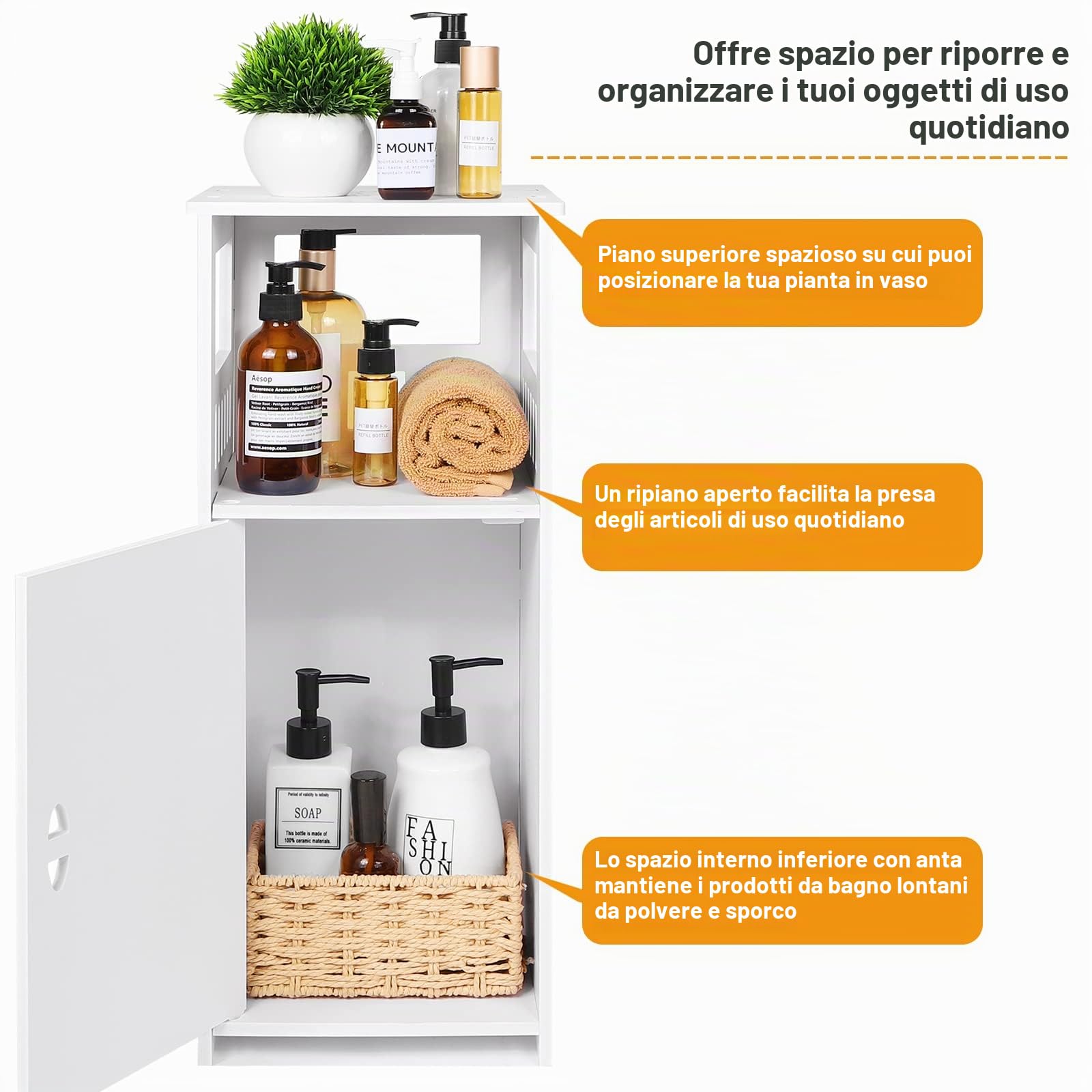 Mobile contenitore da terra per bagno bianco, mobile salvaspazio con anta e ripiano, mobile da bagno, comodino/mobile laterale per camera da letto, soggiorno.