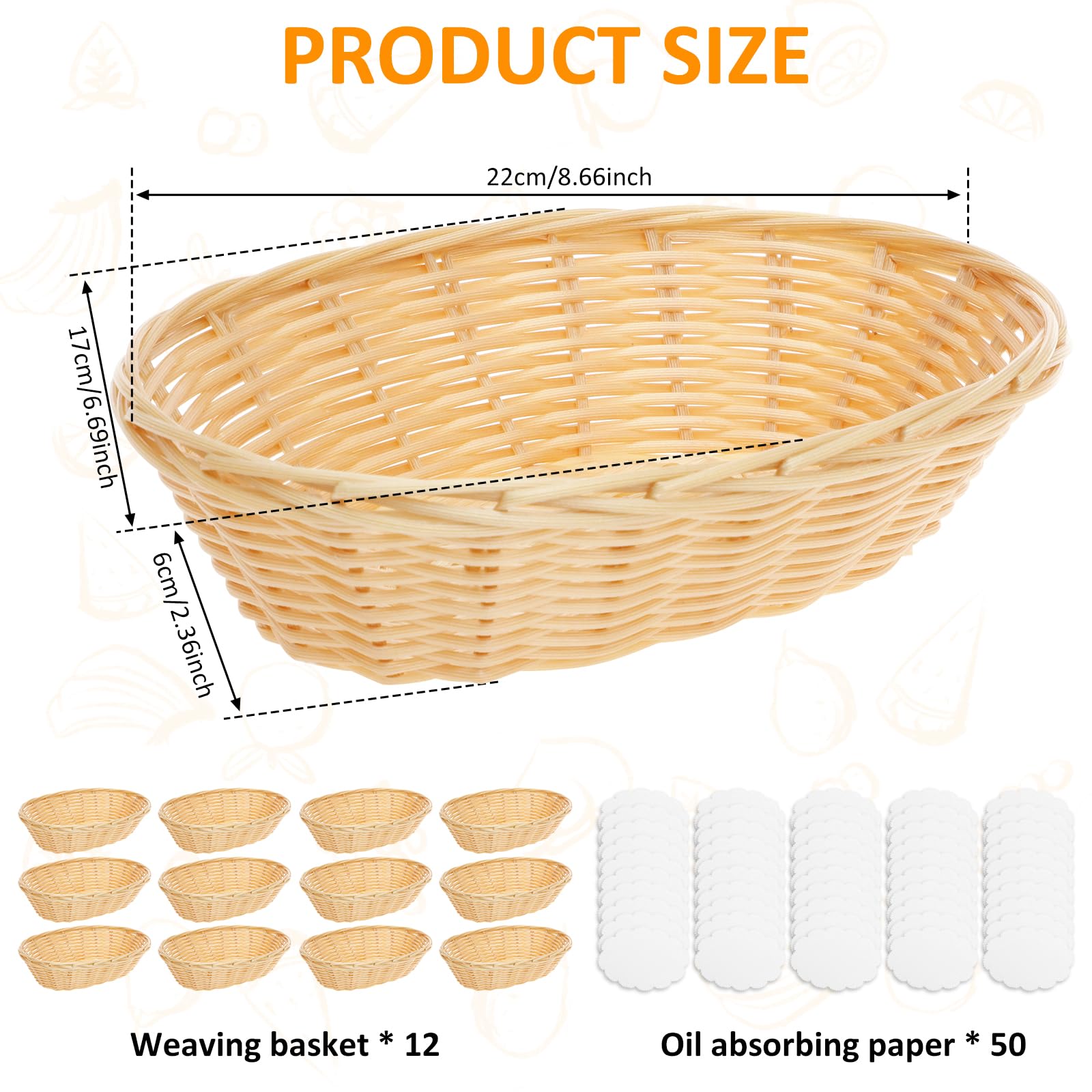 12 Pcs Oval Small Plastic Bread Basket, 8.6 x 6.6 x 2.3 Inch Wicker Bread Baskets, Food Storage Serving Container for Family Party Kitchen Restaurant Centerpiece Vegetables Fruits Display