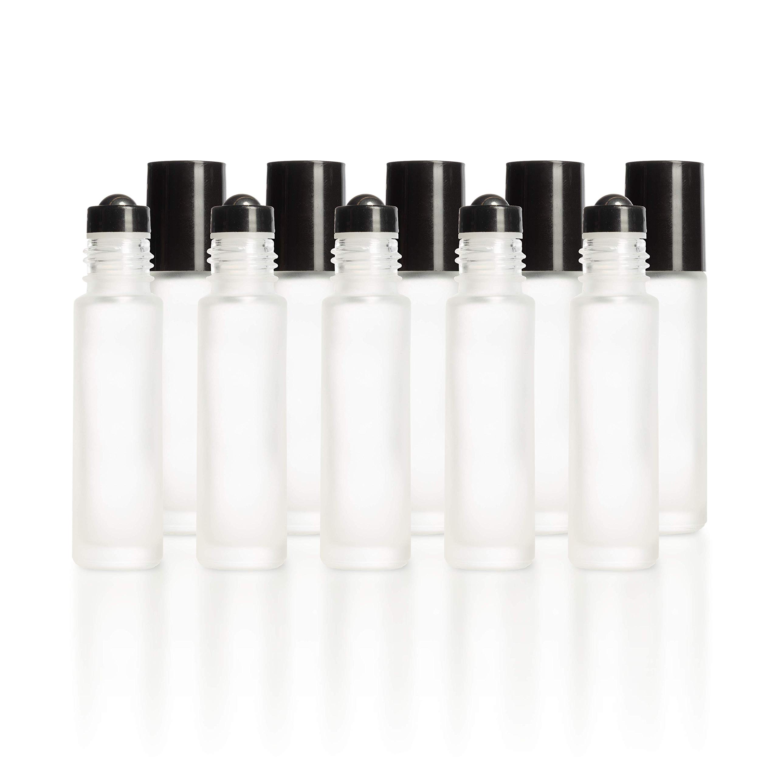 Your Oil Tools 10 Pack Essential Oil Roller Bottles, 10ml Empty White Frosted Glass Roll-on with Leak Guard Stainless Steel Roller Balls & Black Caps for oils and perfume