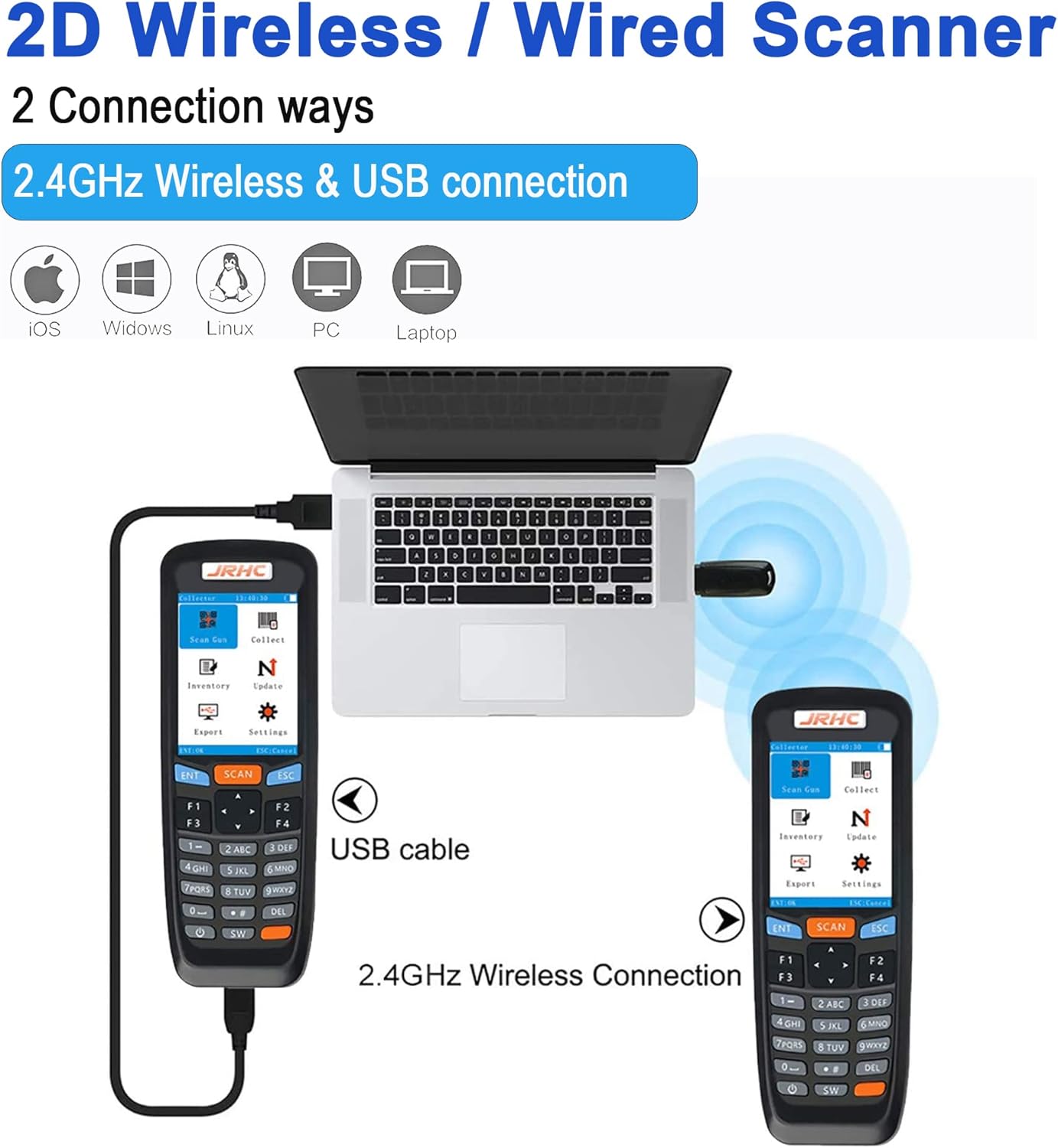 Diagram showing the JRHC 2D Wireless Barcode Scanner connected to a laptop via 2.4GHz wireless USB dongle and also via a USB cable.