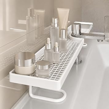 Behind the Faucet Sink Organizer Shelf, No-Drill Bathroom Countertop Storage Rack, Freestanding Over Faucet Storage Shelf with Drainage Design for Bathroom & Kitchen White