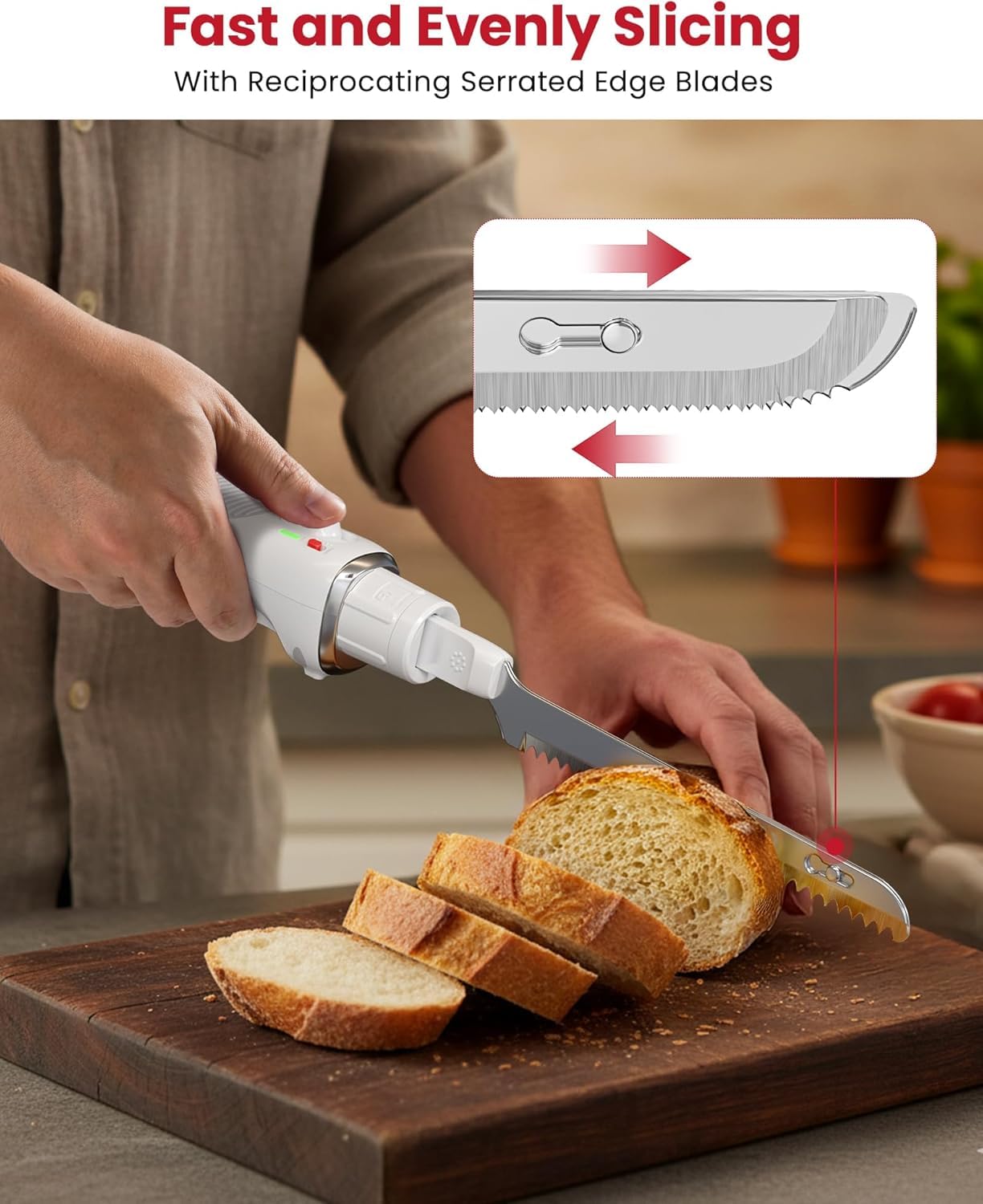 Keenstone Kabelloses Elektromesser mit Wellenschliffklinge zum Schneiden von Pute, Fleisch, Filetieren und Brot, ergonomisches Design mit komfortablem, konturiertem Griff, wiederaufladbar