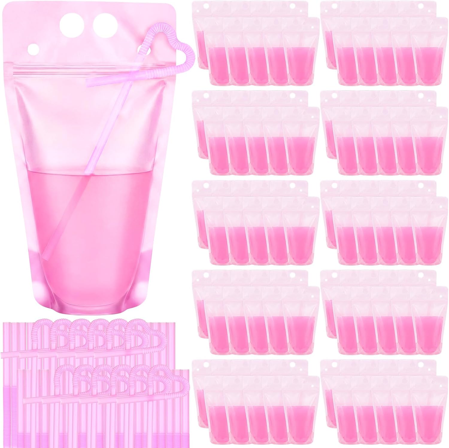 LemonRoad 100 Pcs Drink Pouches with Straws 17oz Reclosable Juice Pouches Hand-held Translucent Leakproof Zipper Plastic Bags for Juice Cocktail Smoothies Slushies Party Drinks (Pink)