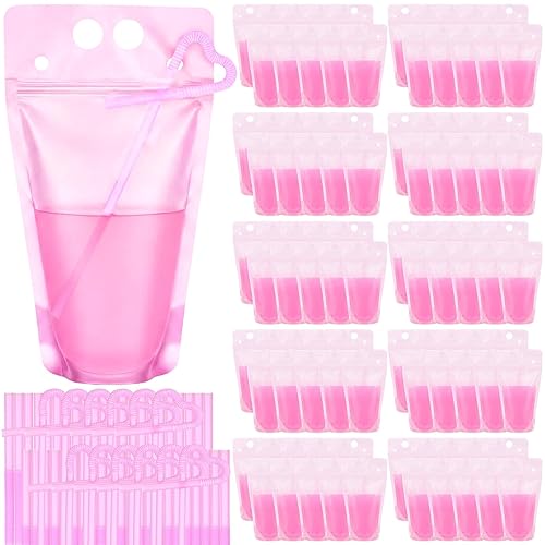 100 Pcs Drink Pouches with Straws 17oz Reclosable Juice Pouches