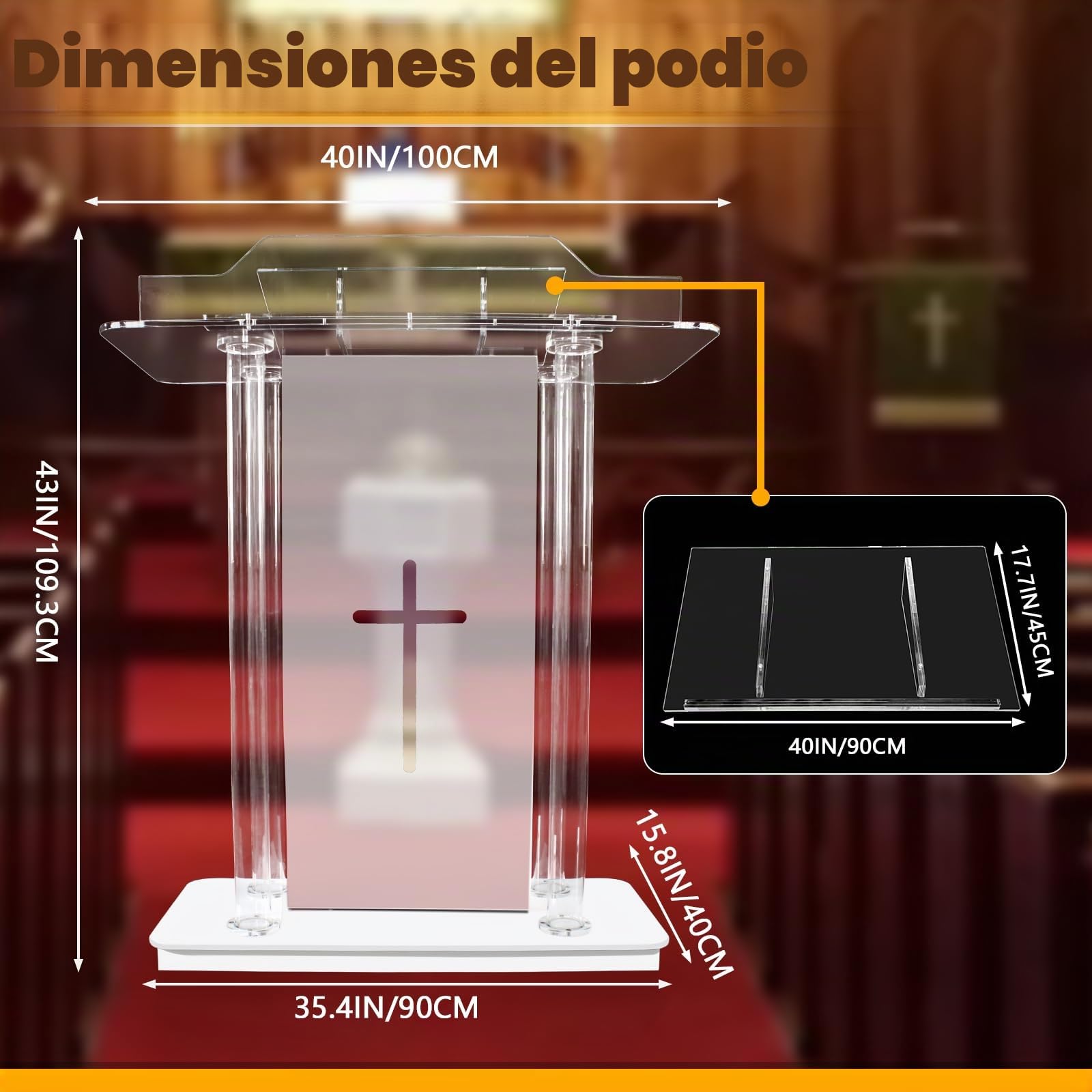 Afitdon Iglesias púlpito, Atril de acrílico Transparente con Ruedas y luz LED Ajustable de 15 Colores, Soporte de podio Grande de acrílico para Iglesia, Concierto, Conferencia, Boda, Aula